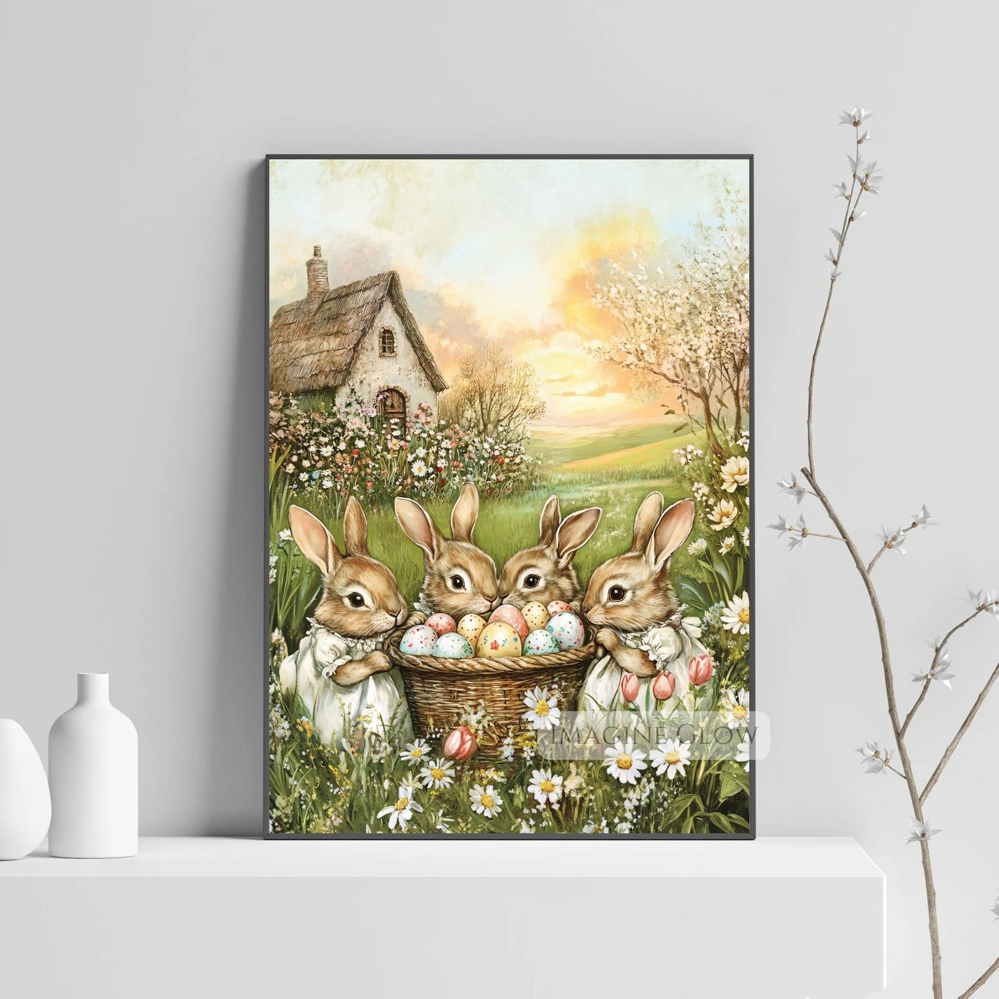 Baby rabbits springtime egg hunt Victorian illustration.