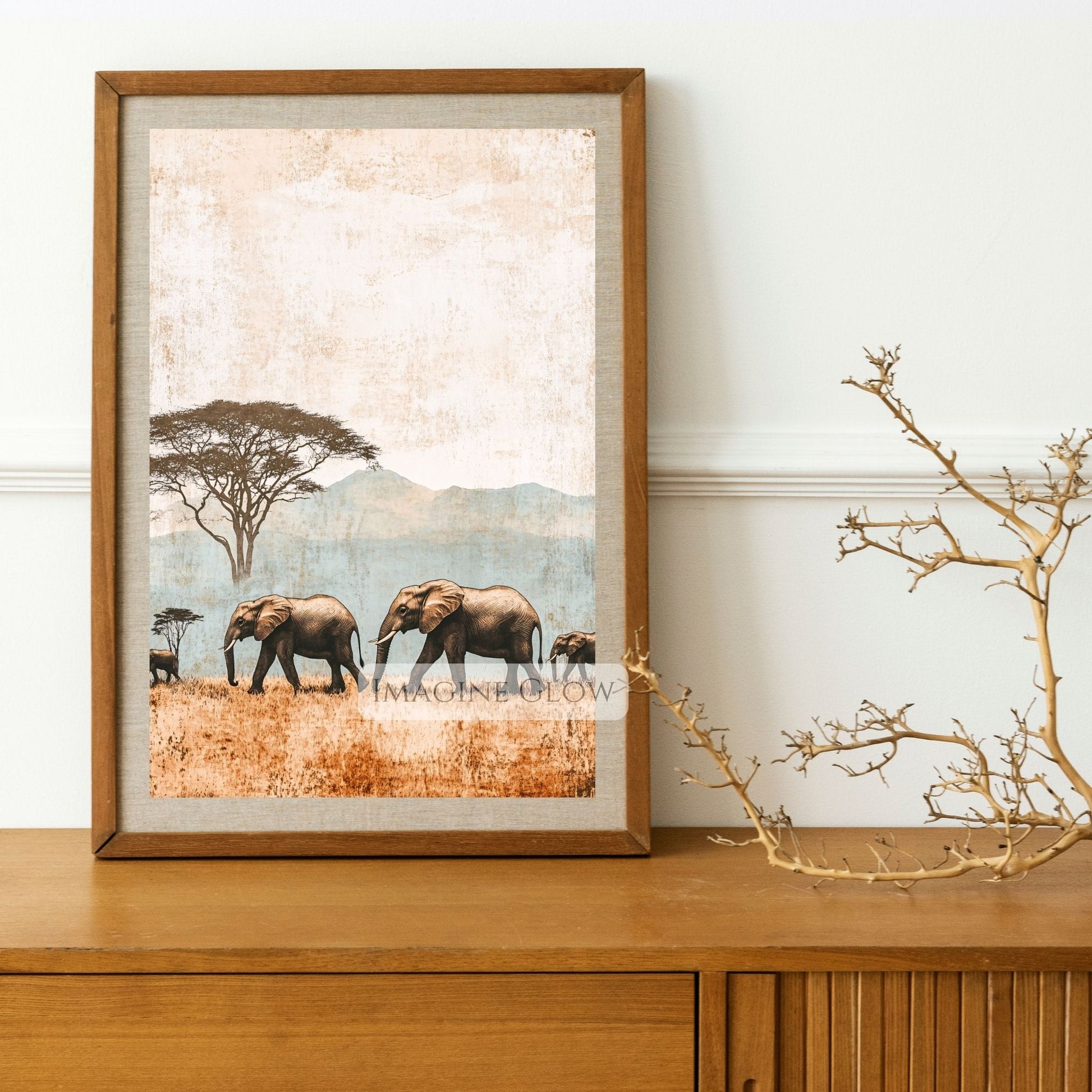 African elephants family in the wild savanna artwork.