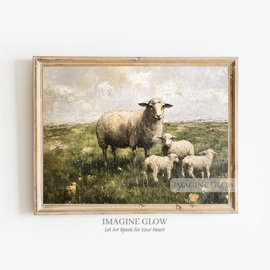 Vintage oil painting of sheep and lambs