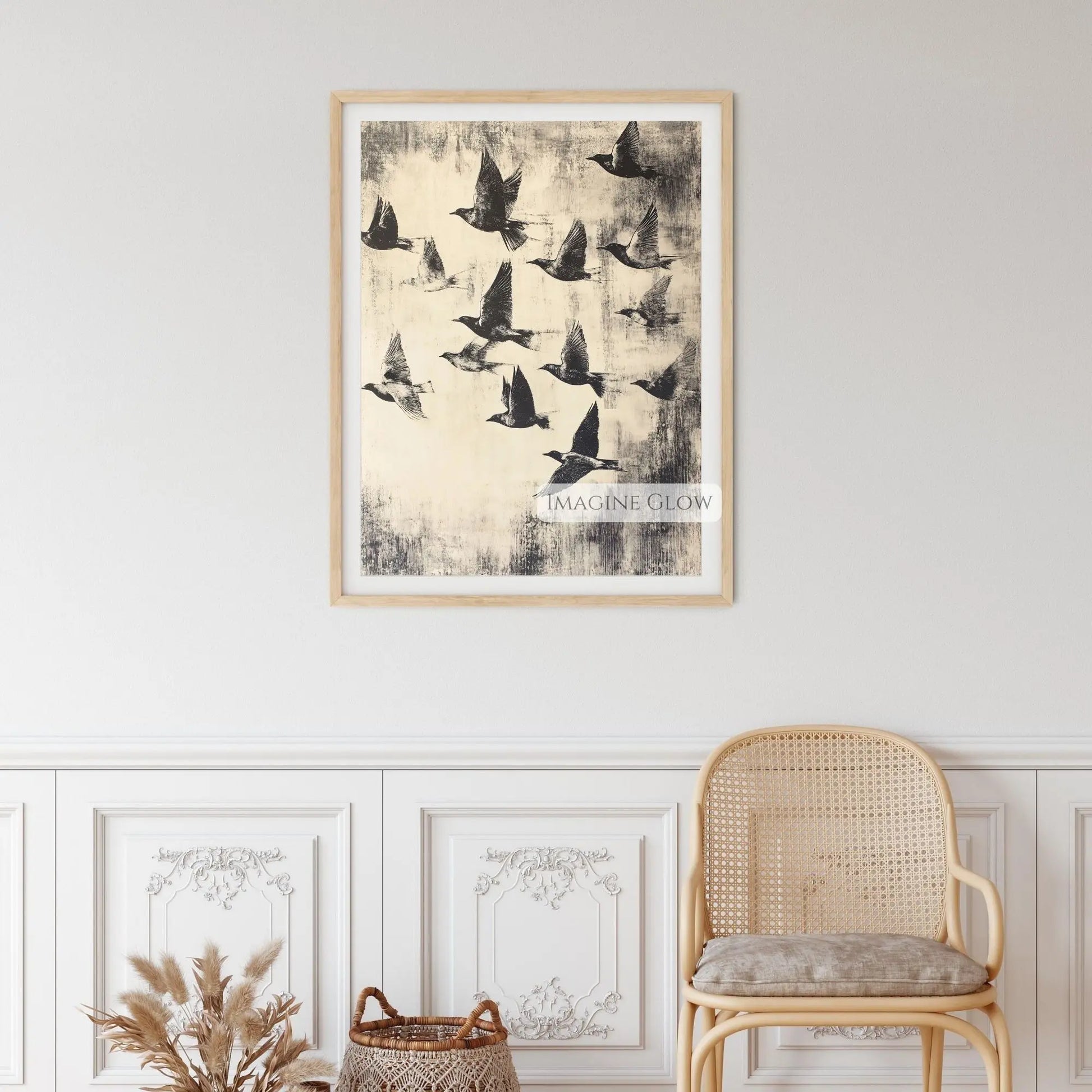 Minimalist flock of birds in flight artwork