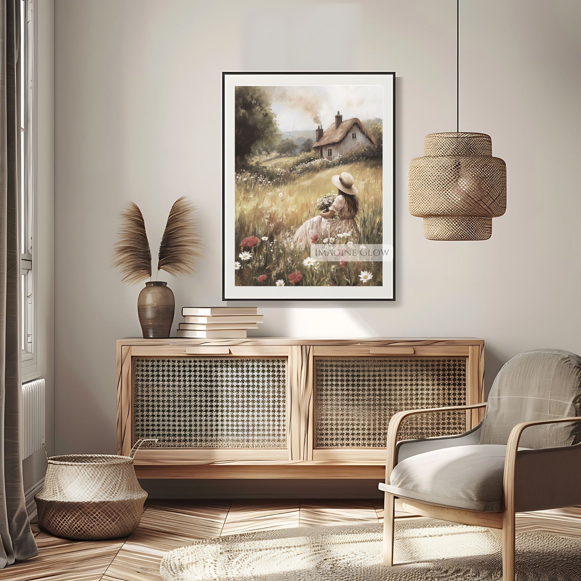 Antique-inspired spring meadow scene with woman picking flowers.