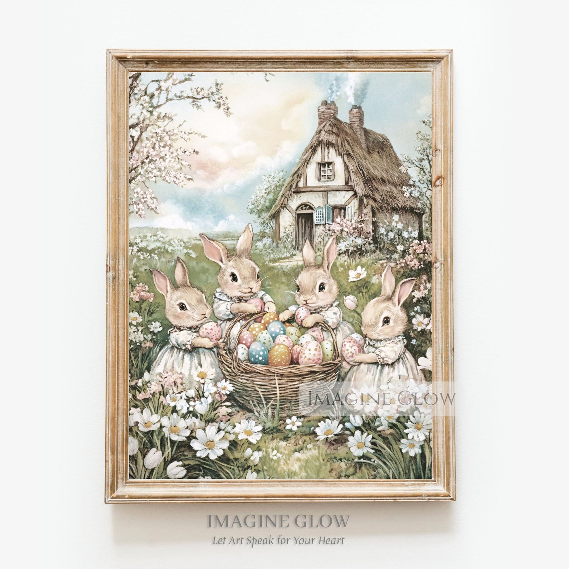 Whimsical Victorian Easter art with bunnies and meadow flowers.