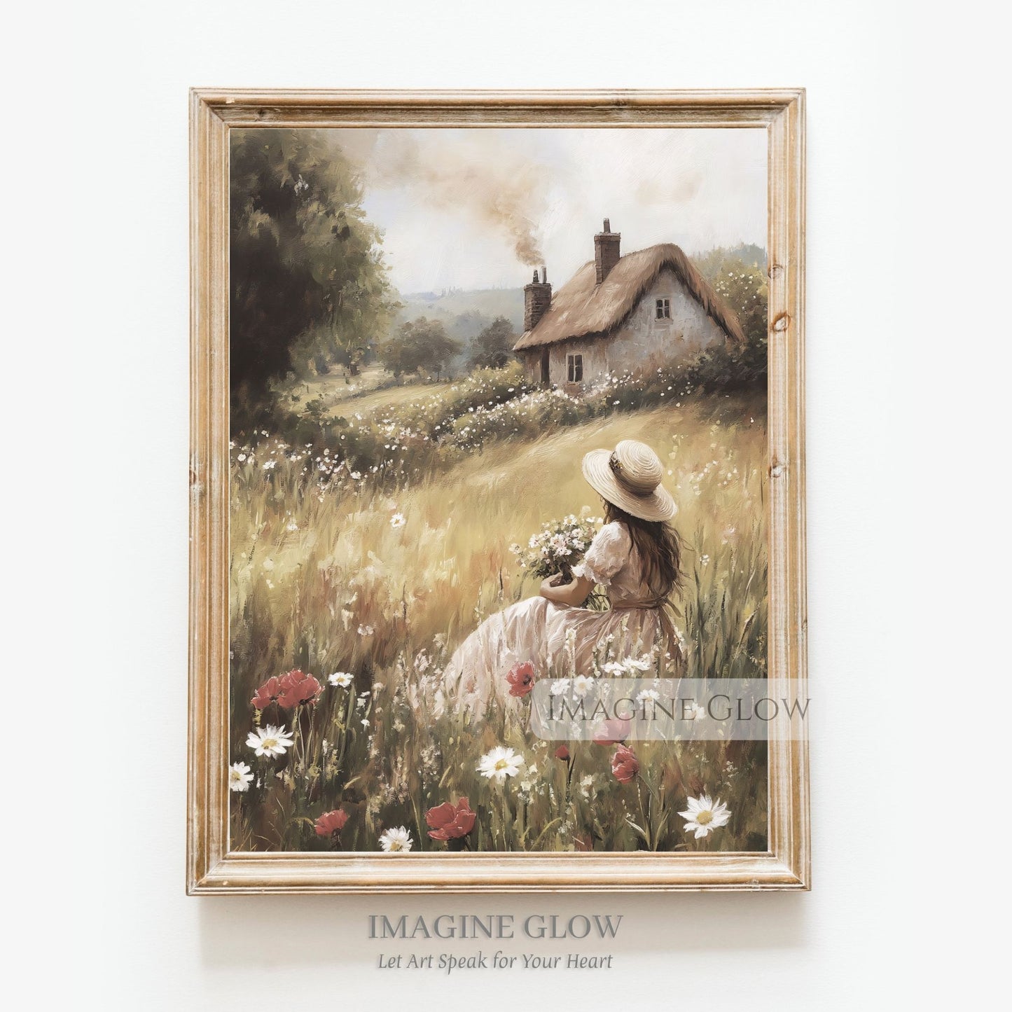 Spring meadow floral print with vintage woman picking flowers.