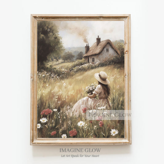 Spring meadow floral print with vintage woman picking flowers.