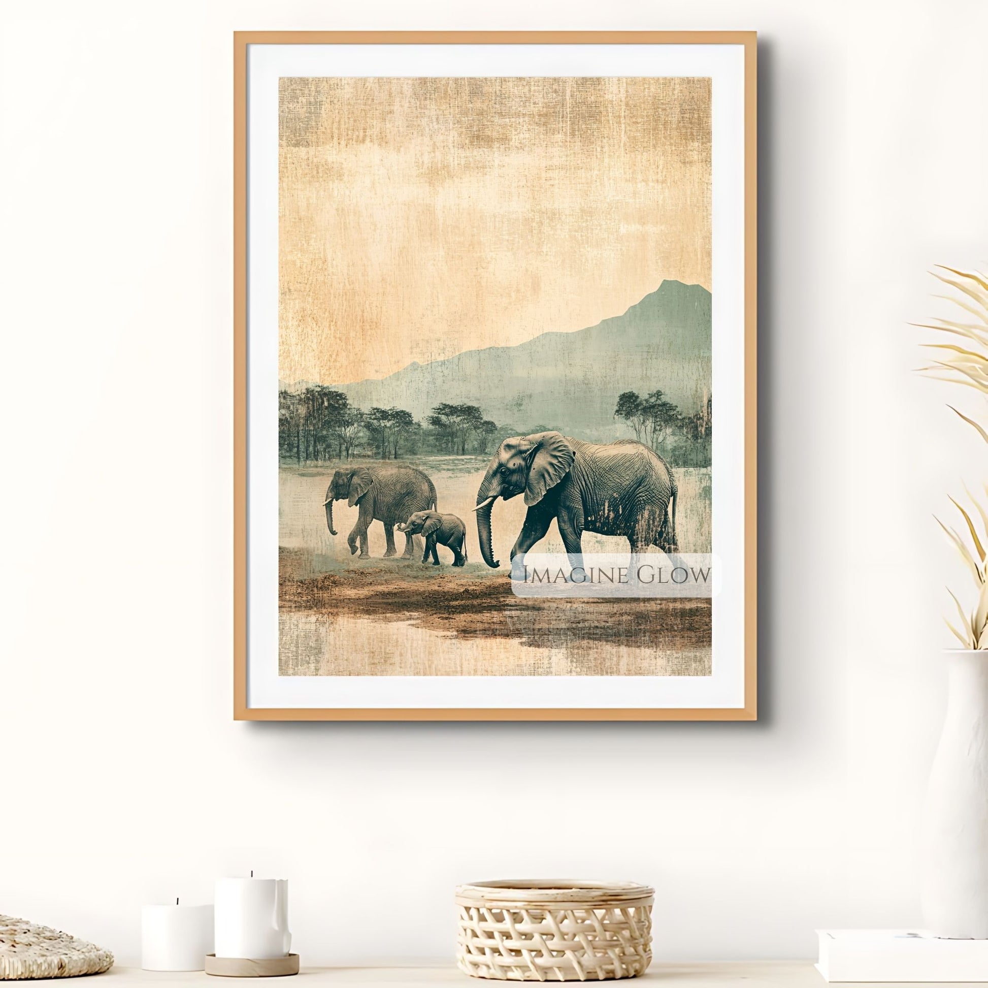 Antique African elephant family digital wall art.
