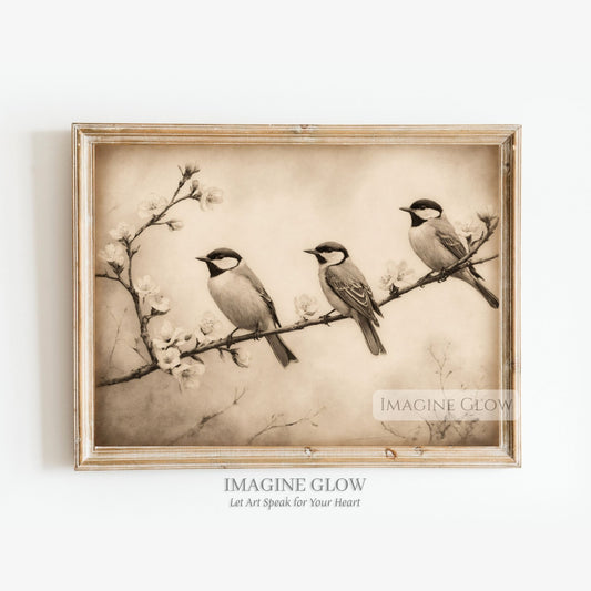 Vintage bird illustration with three birds on branch