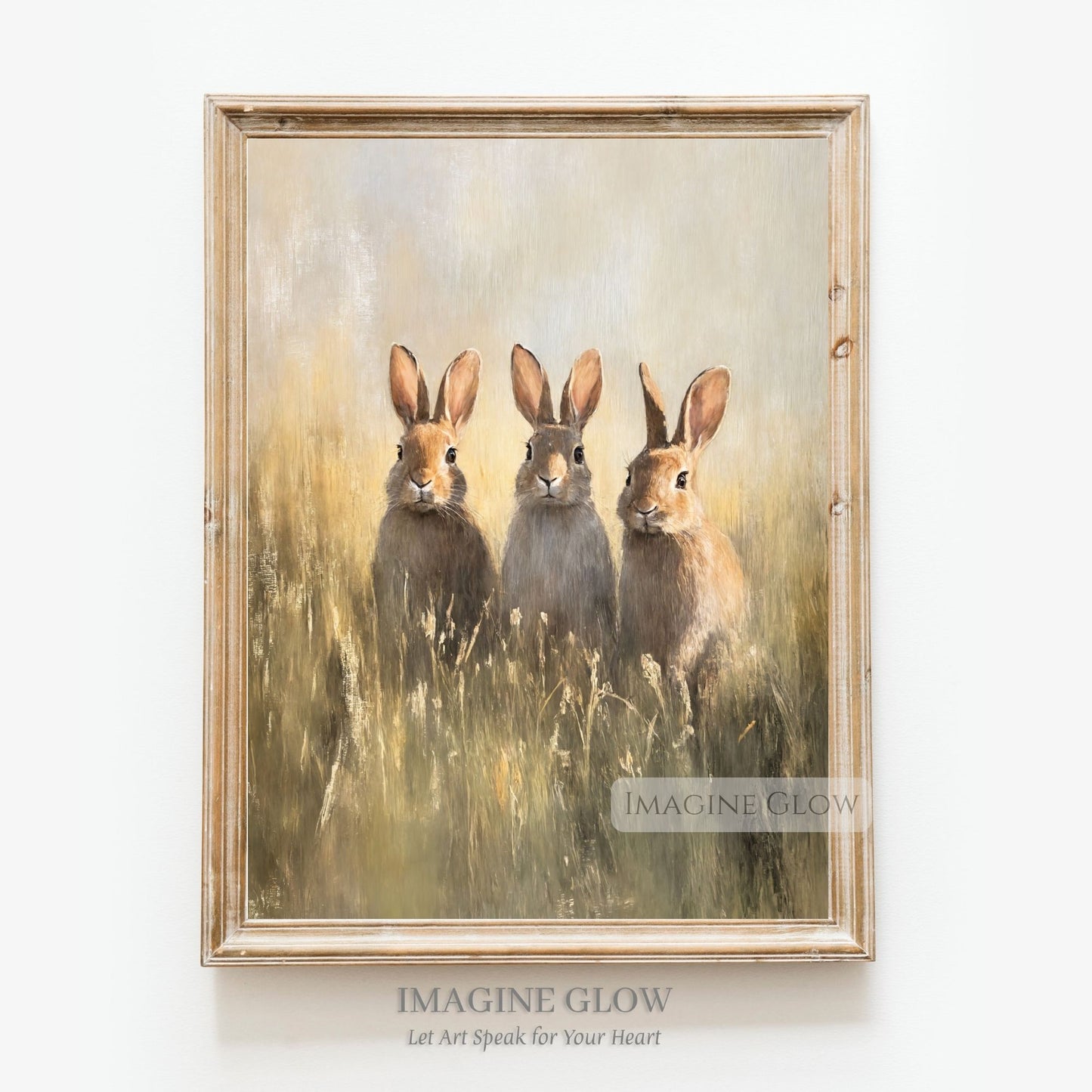 Vintage painting of three bunnies in grassy field