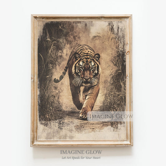 vintage tiger walking through the jungle.