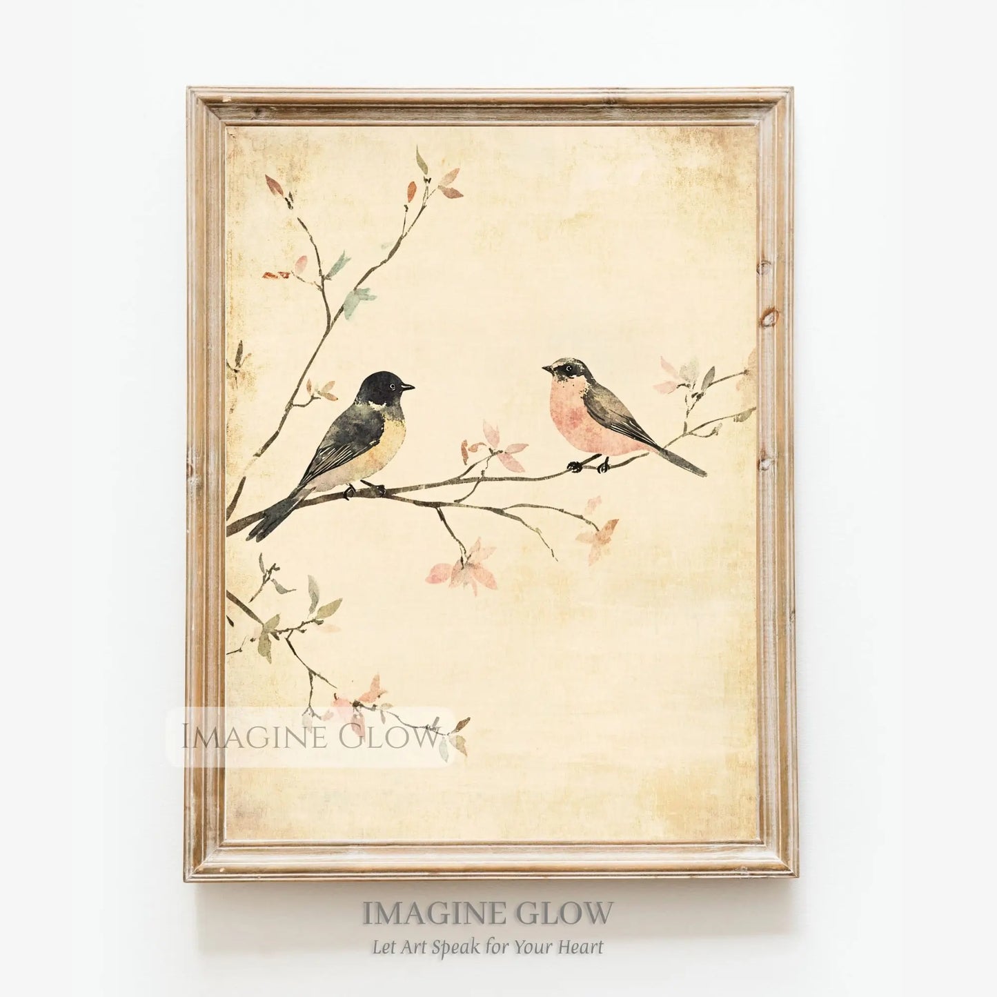 Elegant vintage bird art featuring two birds on a flowering branch