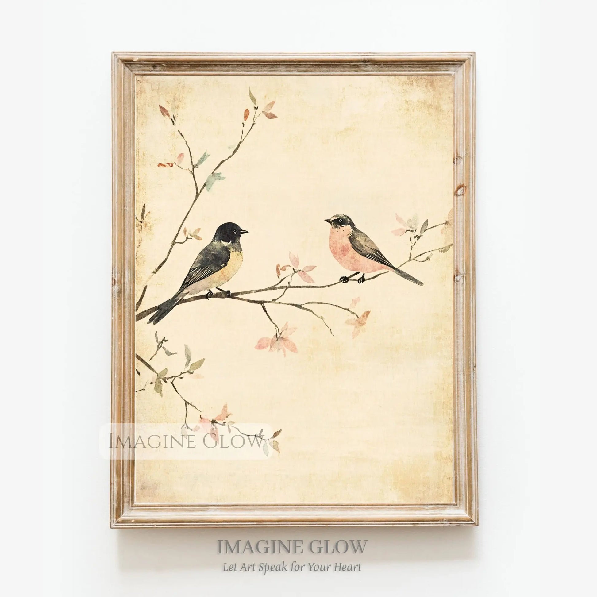 Elegant vintage bird art featuring two birds on a flowering branch