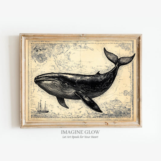 Vintage whale sketch art print for nautical decor.