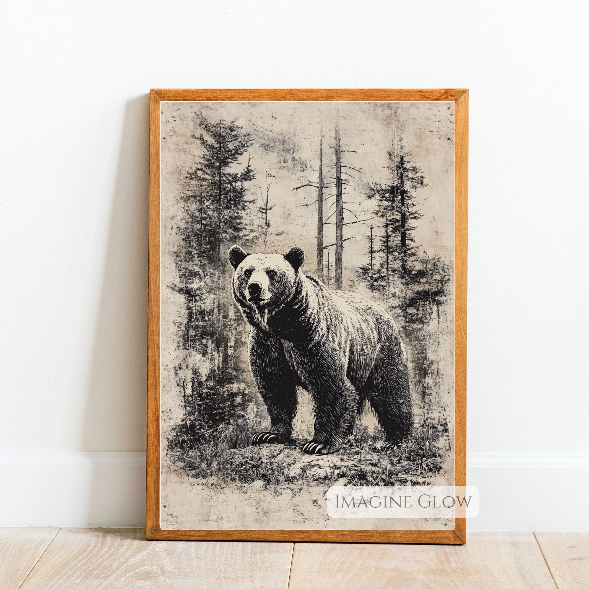 Rustic wildlife bear in forest vintage art piece.