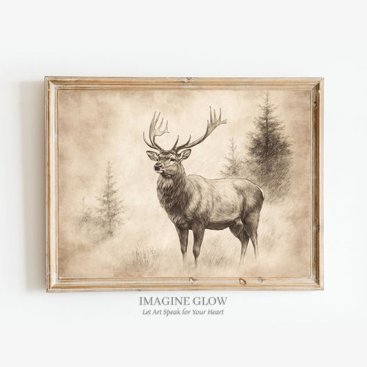 Elegant deer stag sketch for rustic farmhouse decor.
