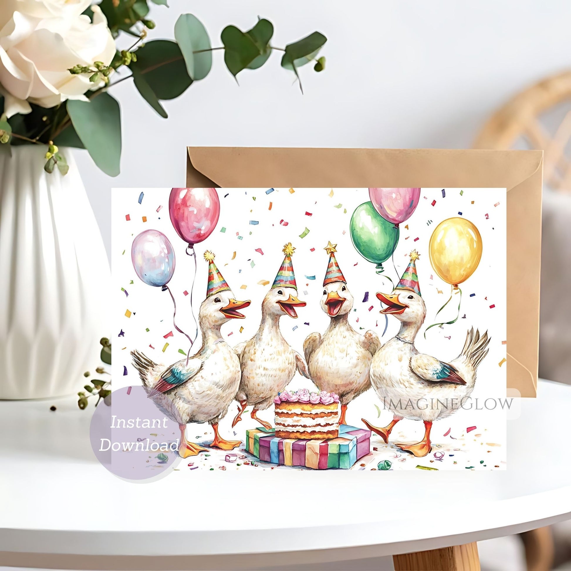 Birthday card with ducks, balloons, and cake on a white background.