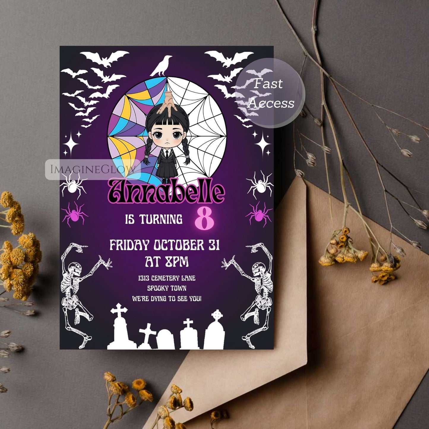 Printable Wednesday Addams kids party invite