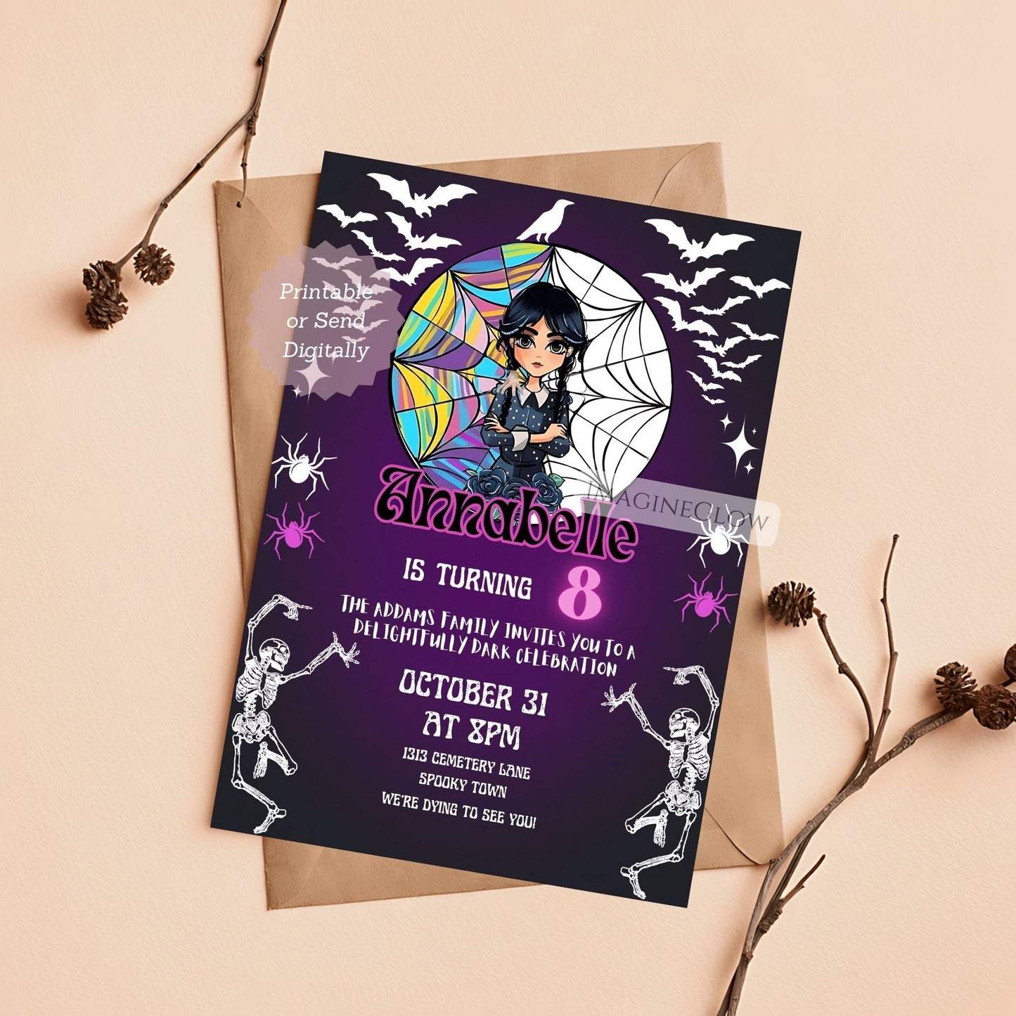 Wednesday Addams themed editable invitation