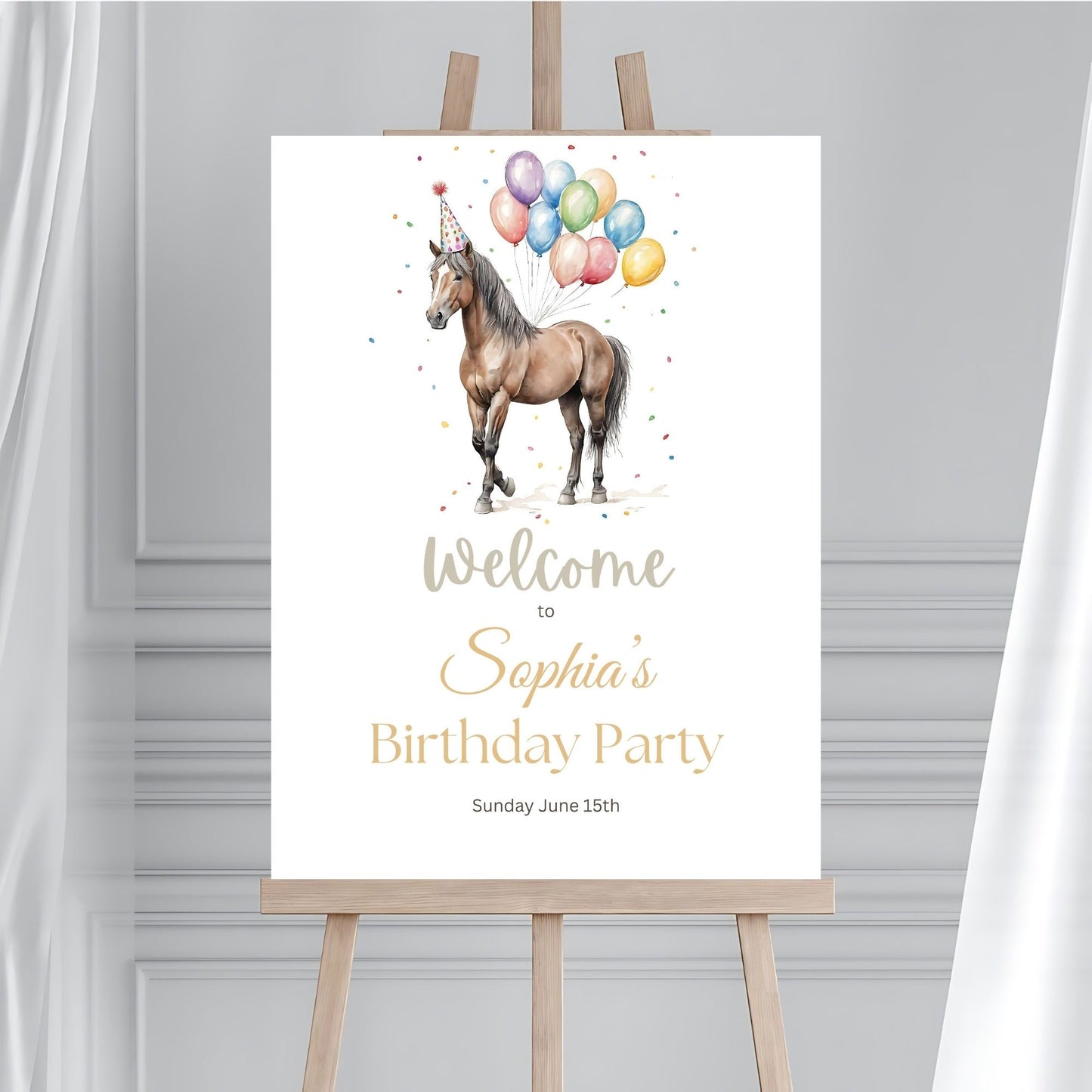 Horse birthday party decorations and thank-you cards, welcome sign, DIY templates.