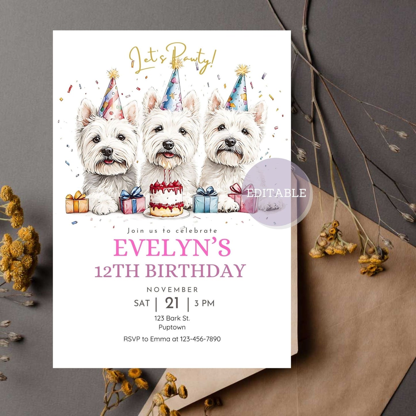 West Highland White Terrier birthday invitation for dog-themed celebrations.