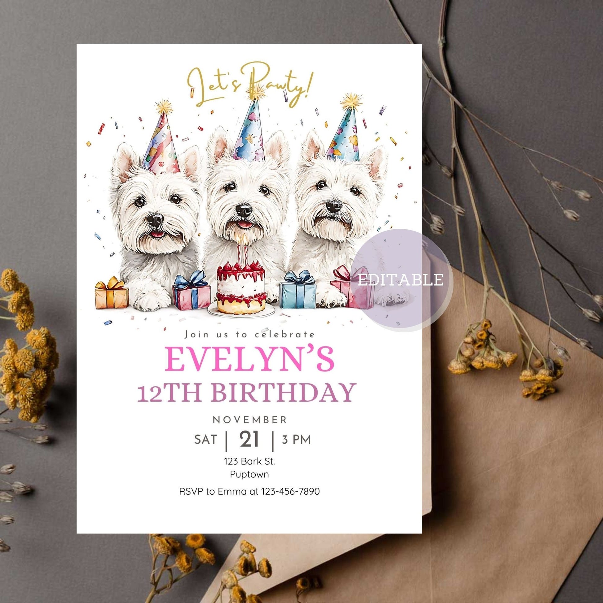 West Highland White Terrier birthday invitation for dog-themed celebrations.