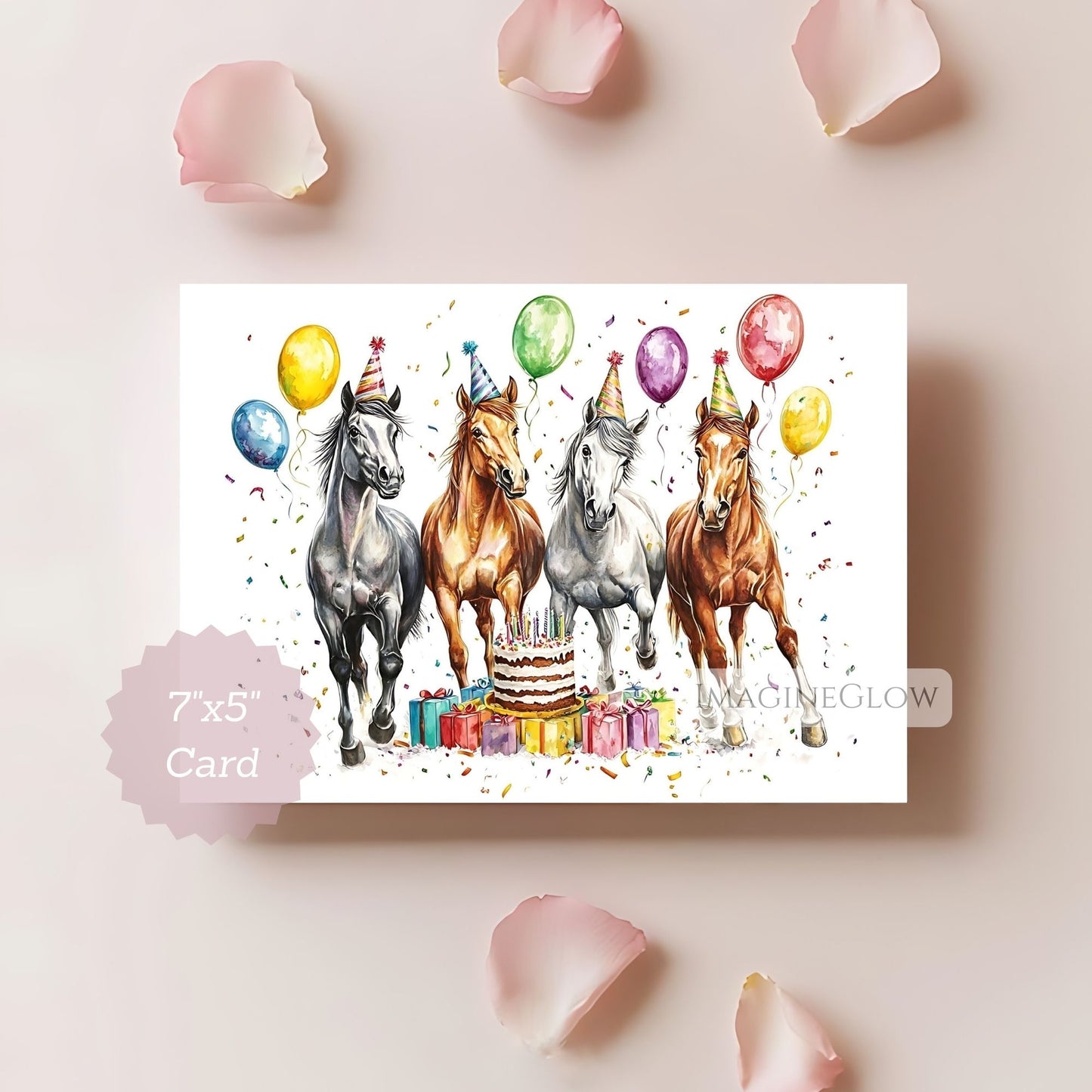 Birthday card with horses and balloons on a light pink background