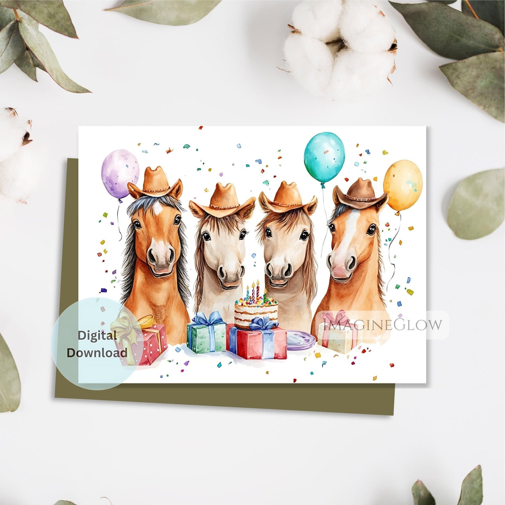 Birthday card with four horses wearing cowboy hats on a white background with balloons and gifts.
