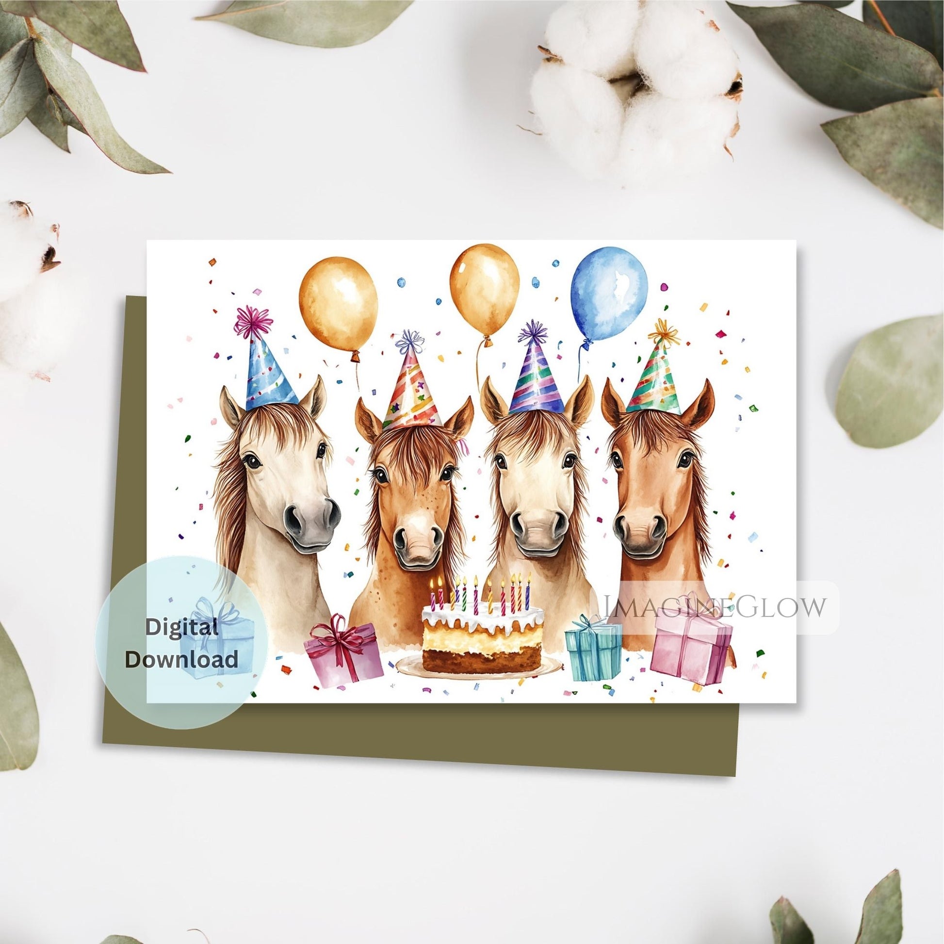 Digital download card with four horses celebrating a birthday, surrounded by balloons and a cake.