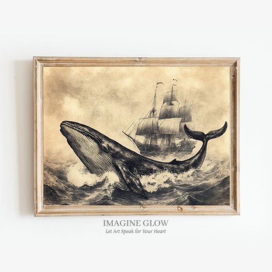 Vintage whale and ship sketch art print.
