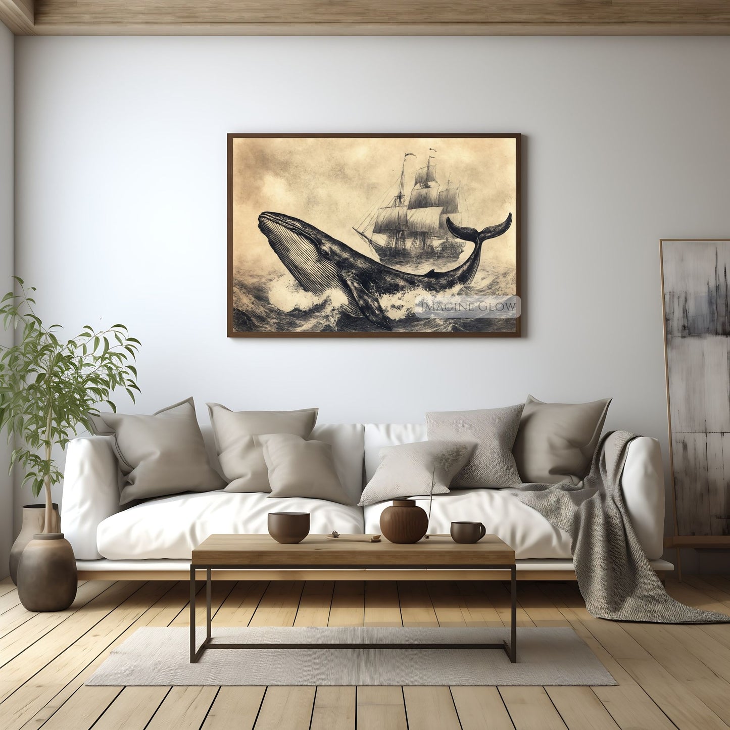 Detailed whale and ship drawing for vintage decor.