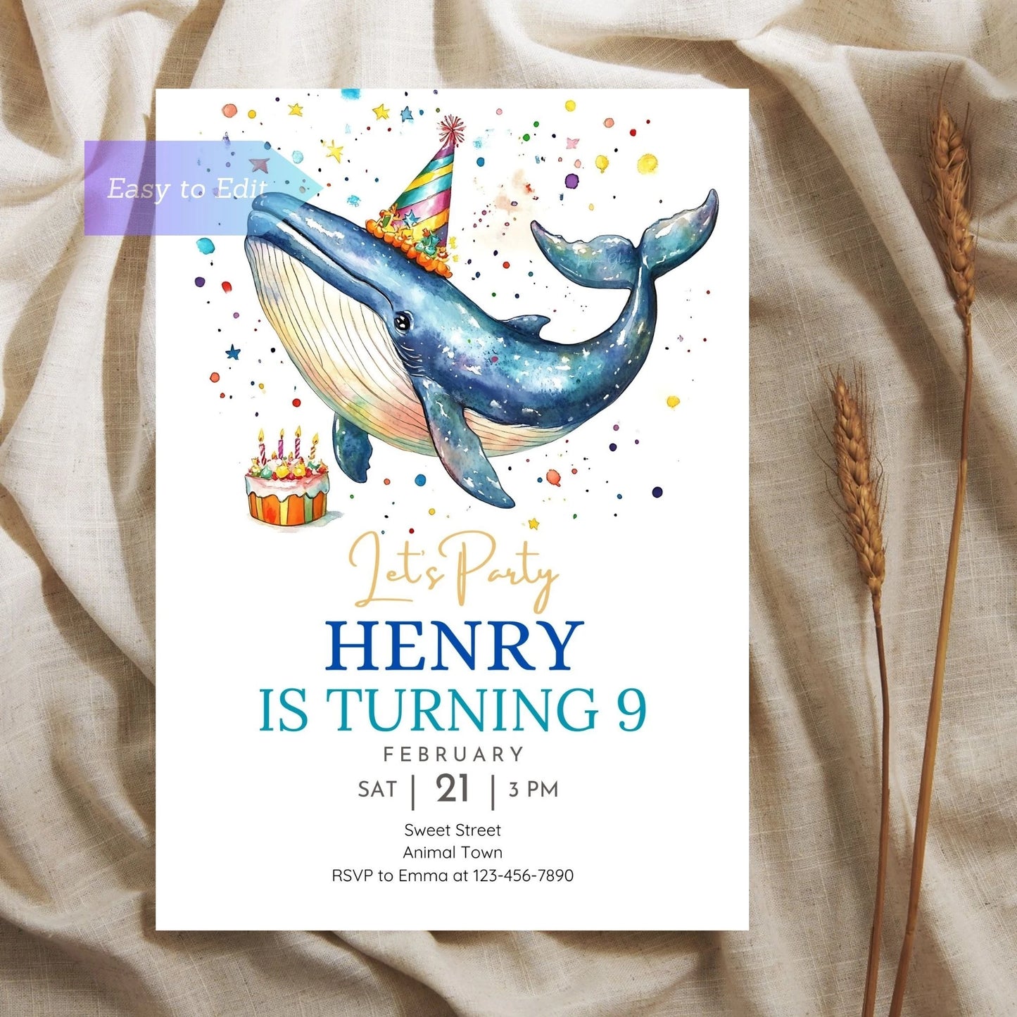 Ocean birthday invitation featuring a cute whale for kids.