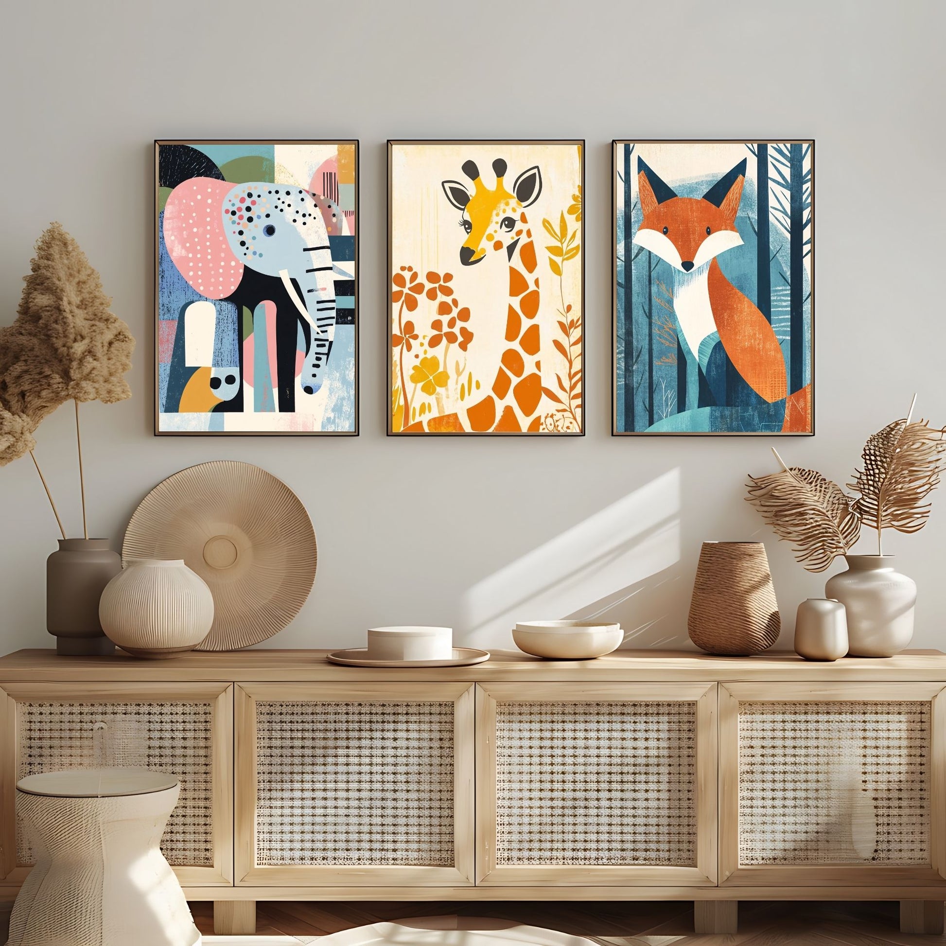 Colorful safari-themed animal prints in whimsical abstract design.