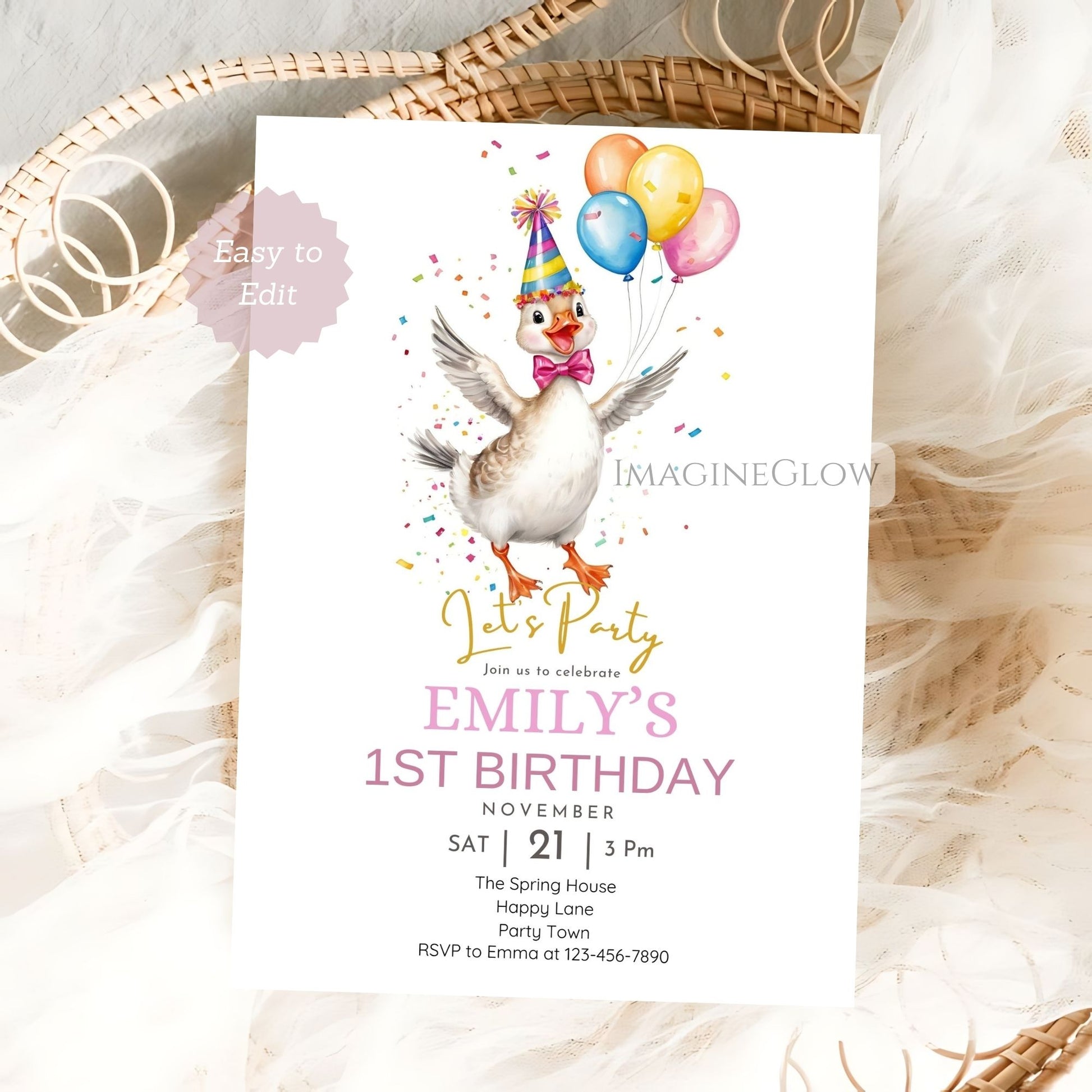 silly goose birthday invitation girl
pink farm theme birthday party invite
