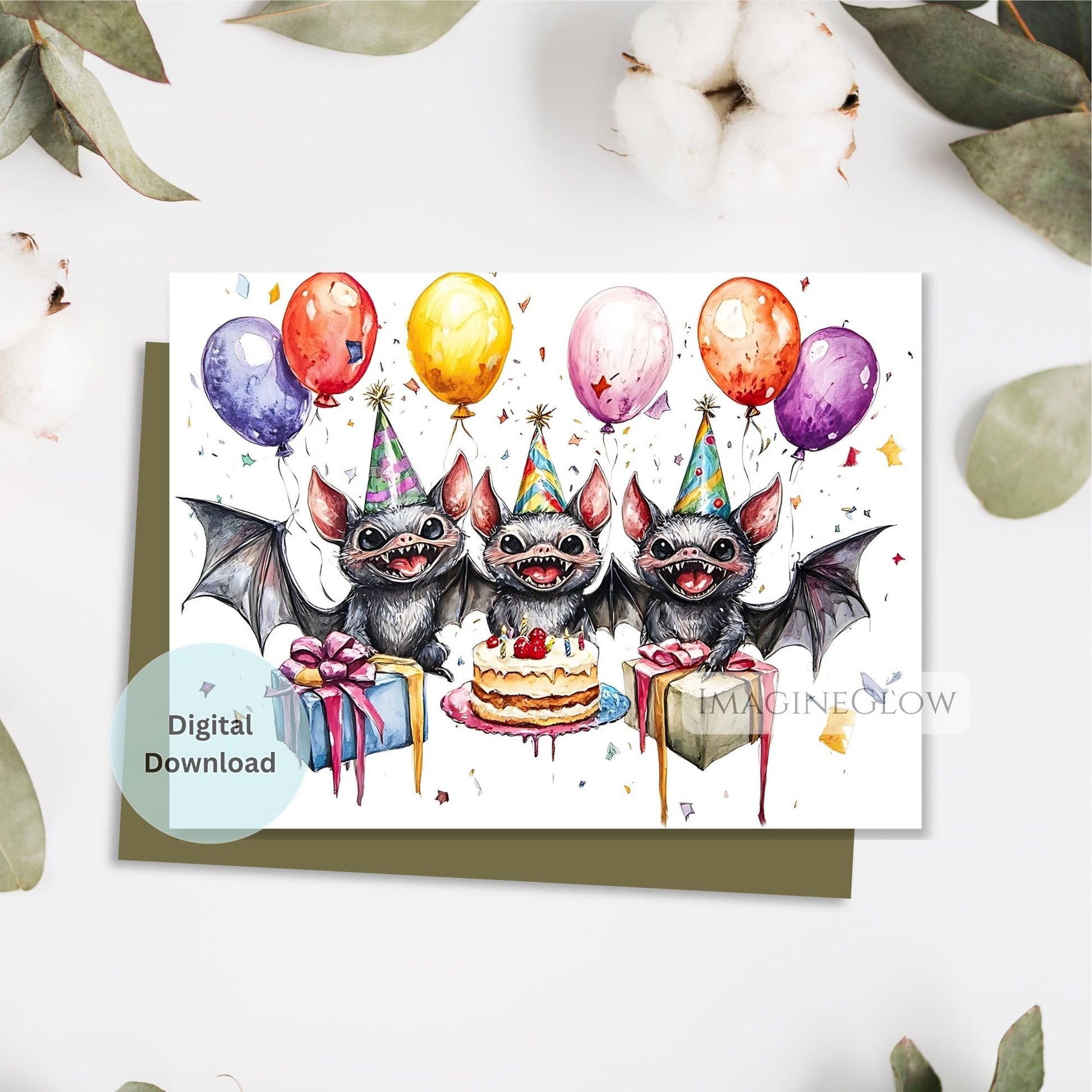 Birthday card with cartoon bats, balloons, and cake on a white background