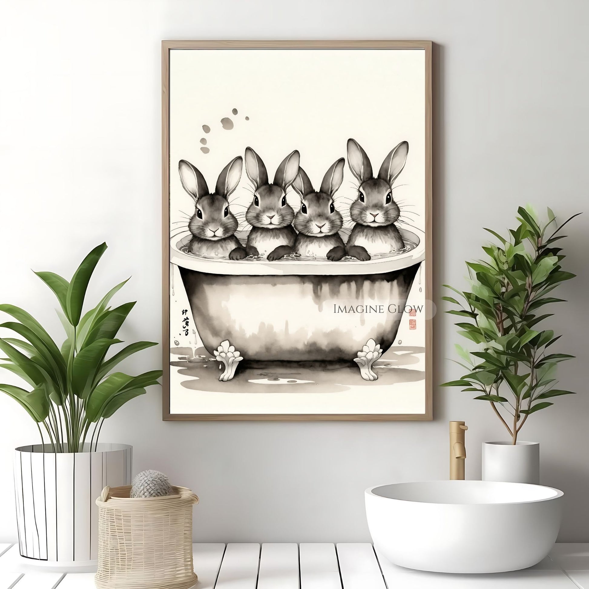 Whimsical bunny bathtub black-and-white decor