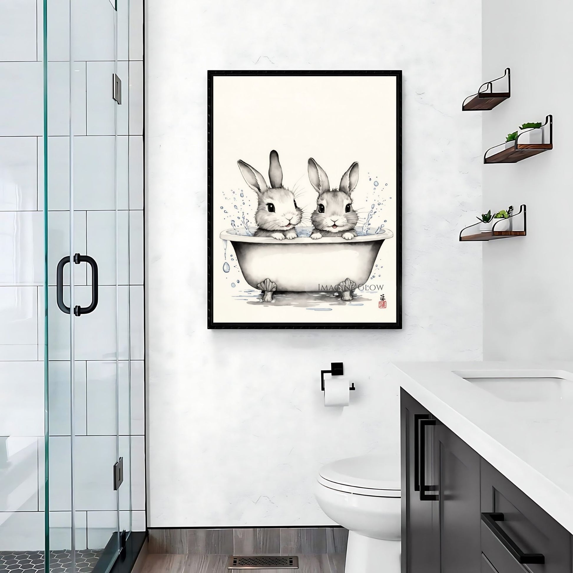 Vintage rabbit bathroom illustration