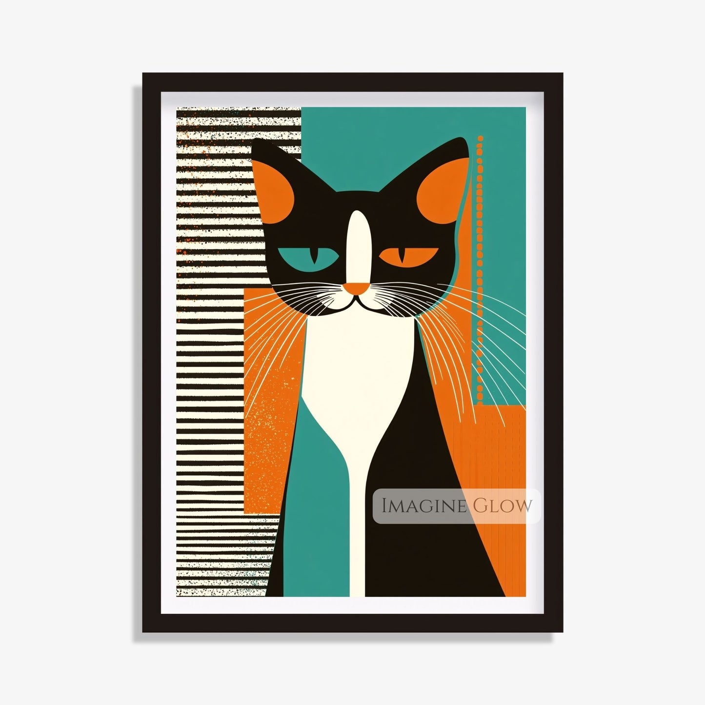 Whimsical cat art print in retro abstract design.