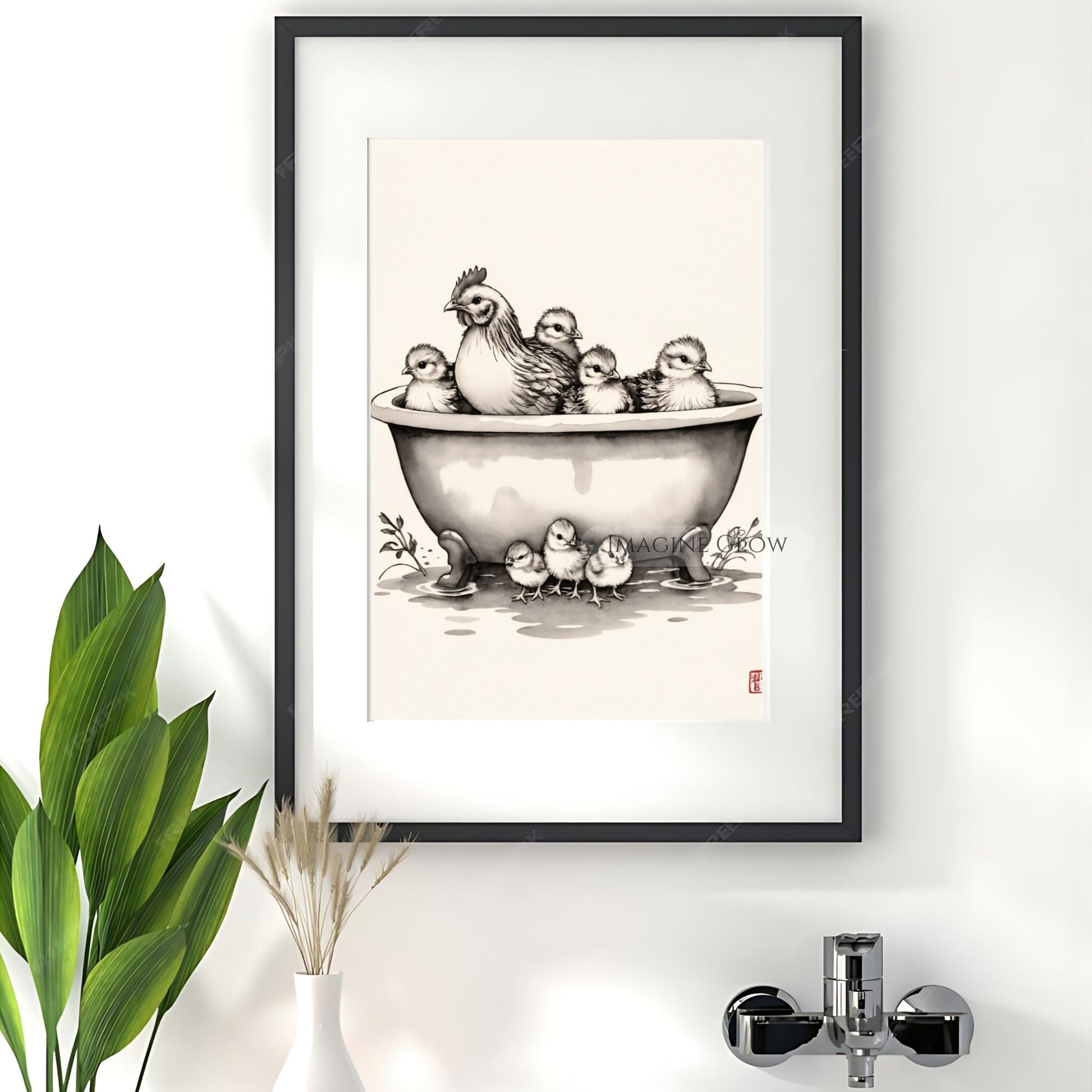 Farmhouse-style funny hen and chick bath art print
