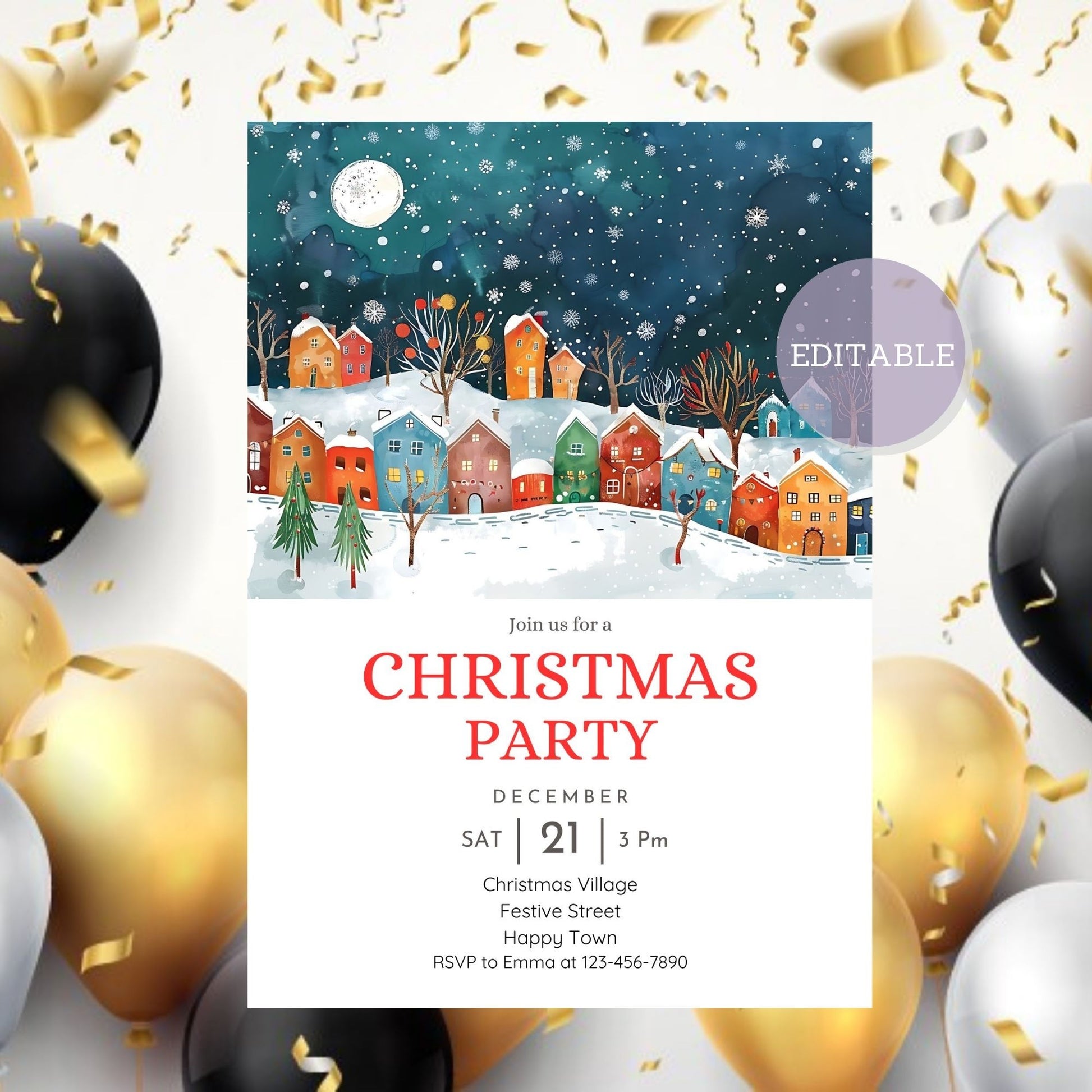 Printable Christmas party invitation with colorful houses and a magical night sky. Editable festive holiday invite featuring a moonlit winter scene.
