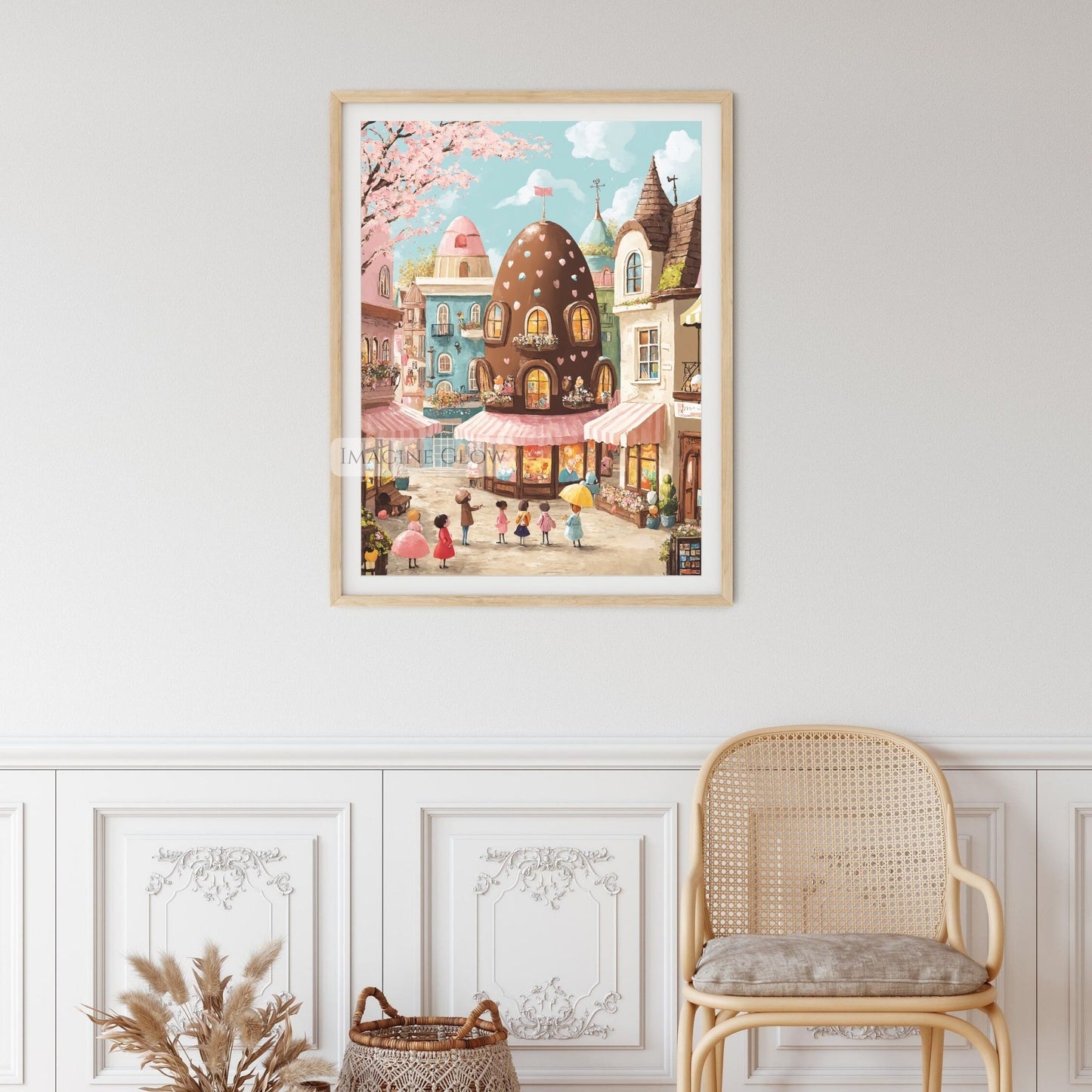 Spring-themed Easter village with blooming trees and chocolate eggs