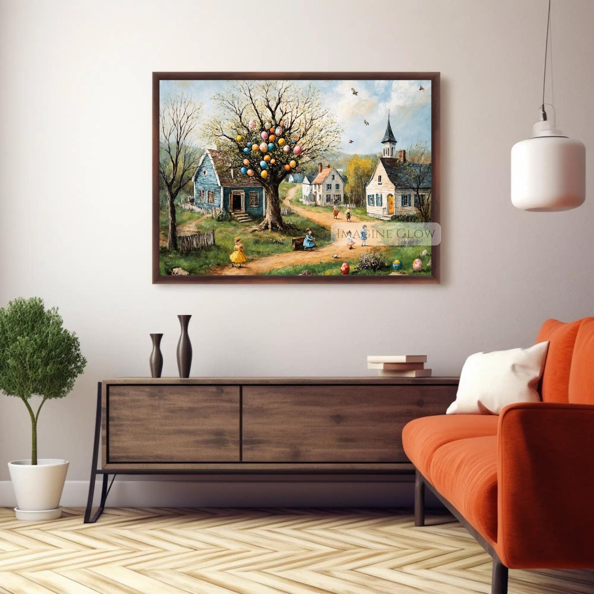 Easter Village Print with Decorated Egg Tree