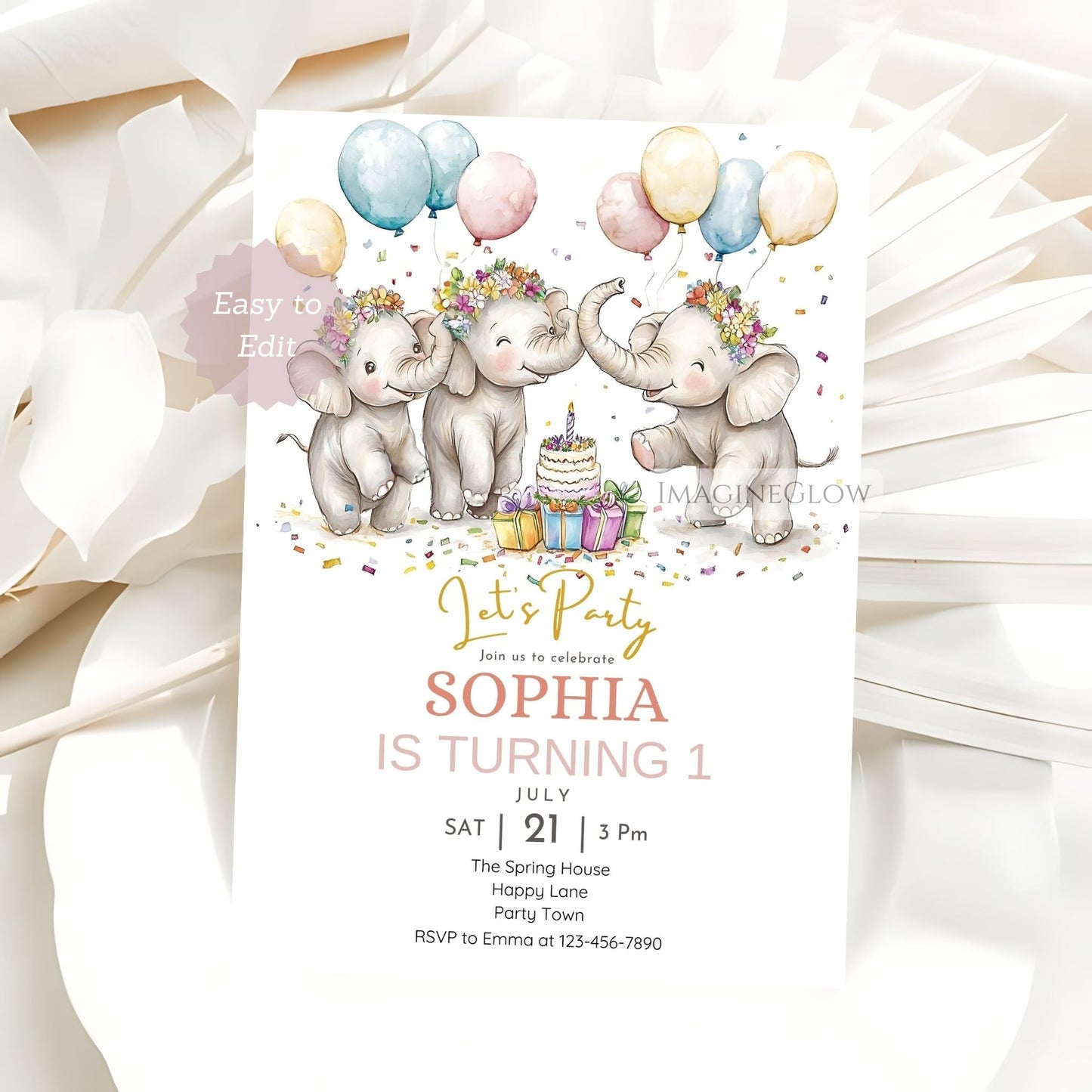 Jungle themed elephant birthday party invite