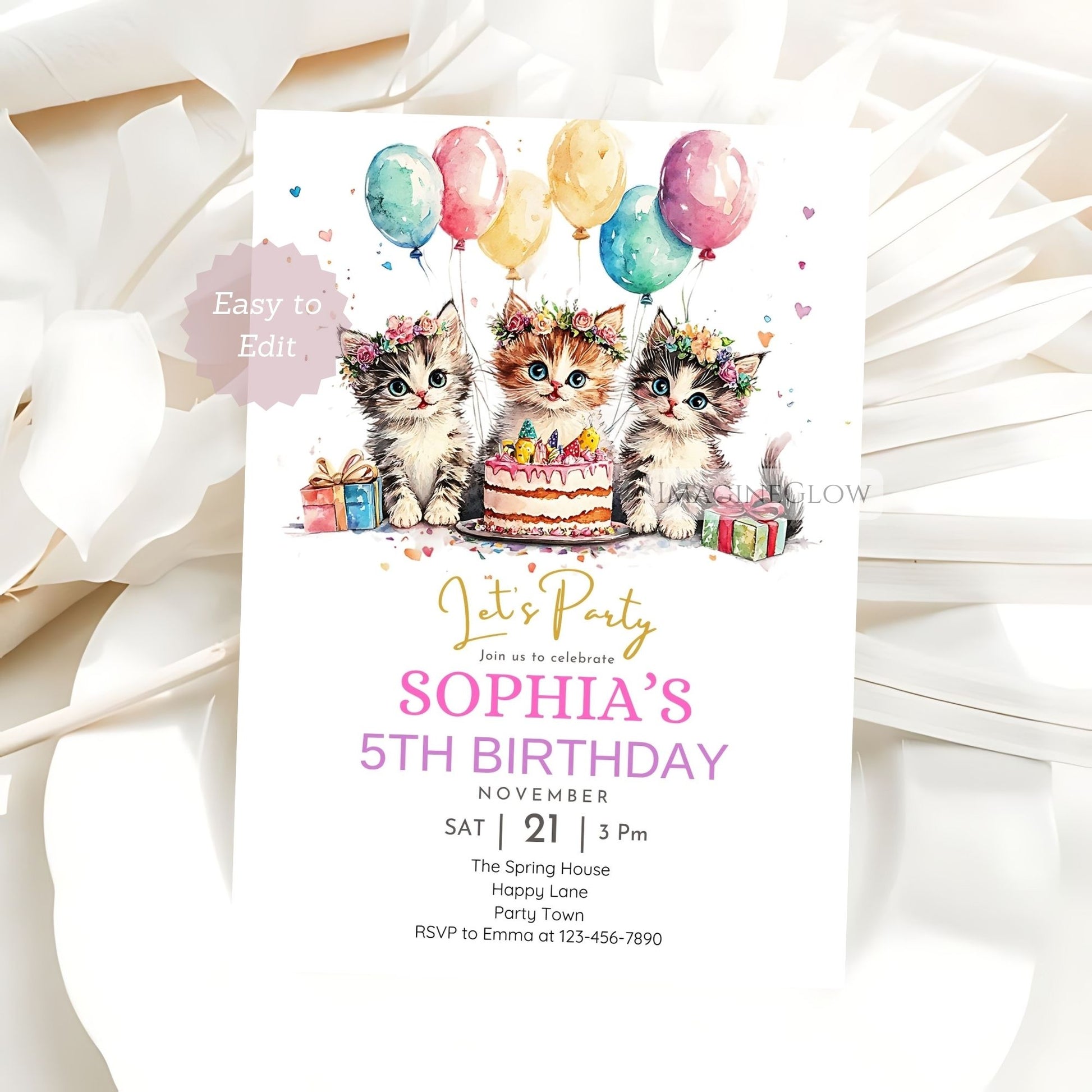 Charming kitten birthday party floral invitation