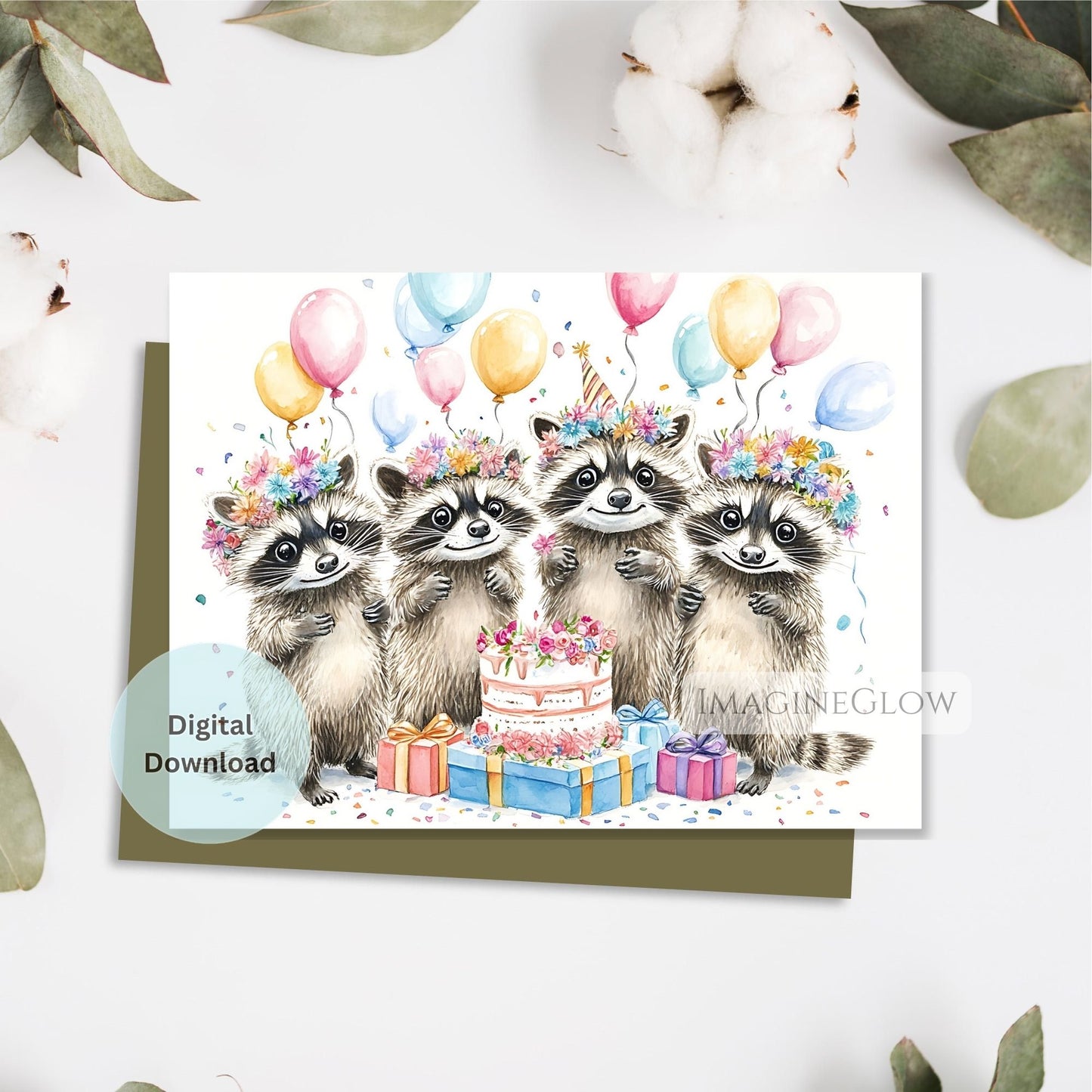 Adorable raccoon birthday card with floral accents
Rustic floral raccoon birthday greeting card
Whimsical raccoon birthday card with flowers
Nature themed floral raccoon birthday card