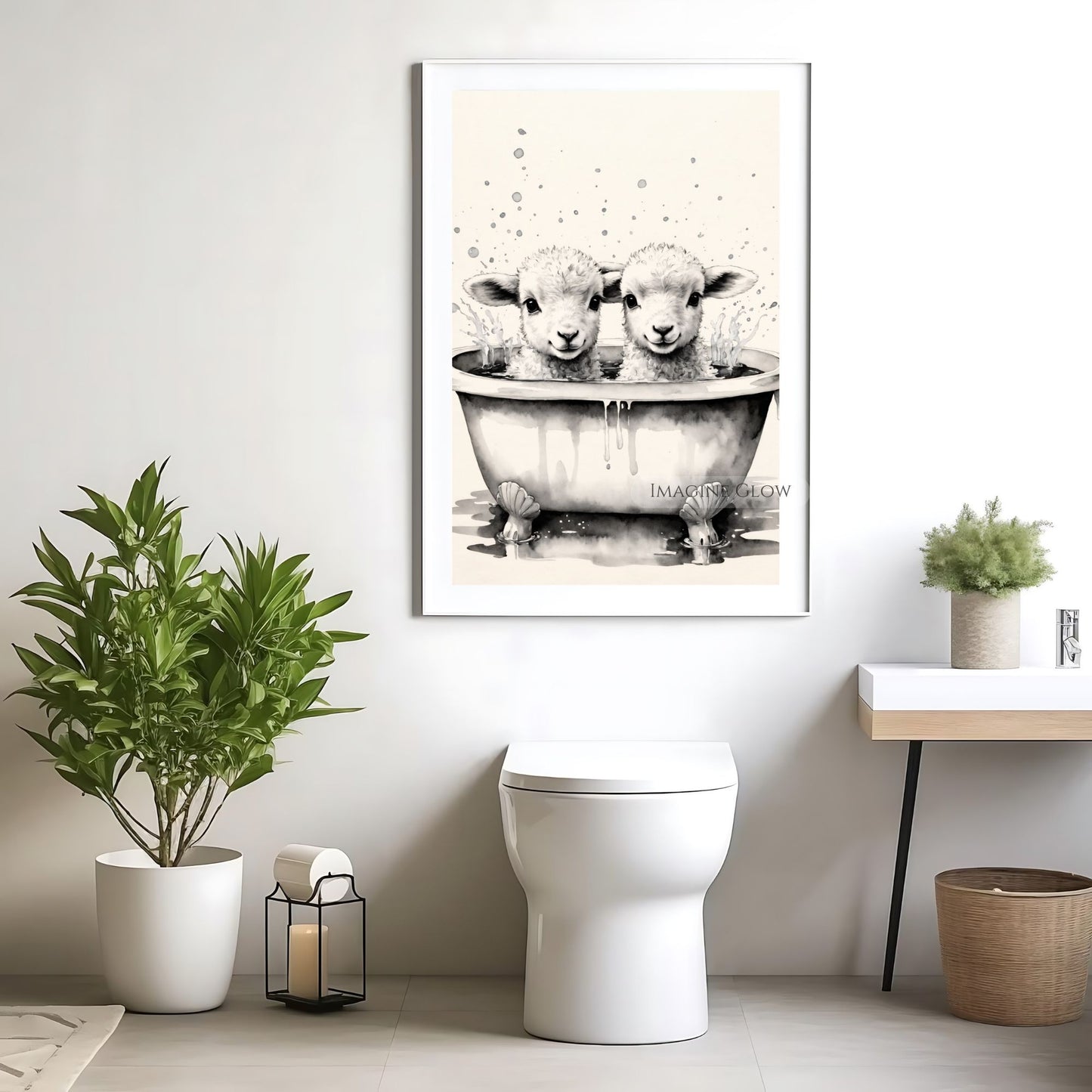 Adorable fluffy lambs in bathtub farm-style bathroom print