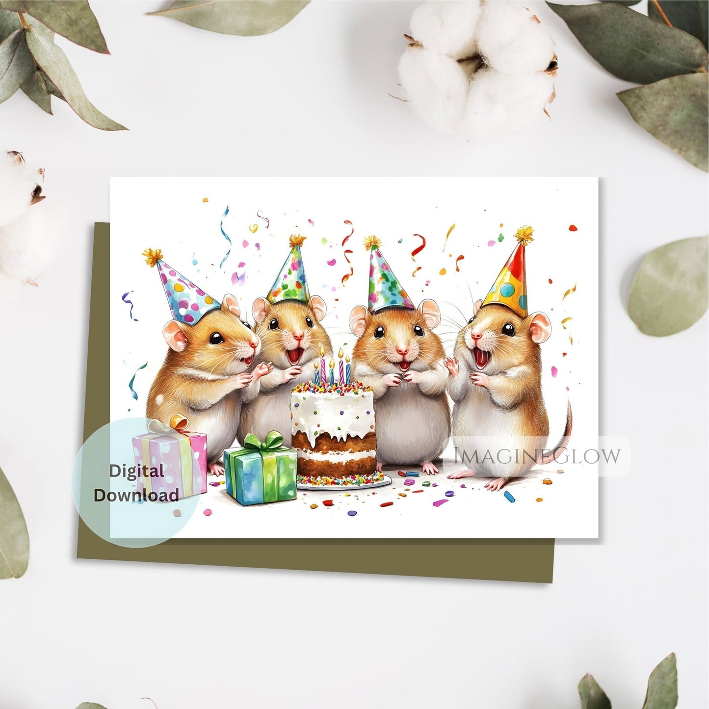 Birthday card with cartoon mice celebrating a birthday, featuring a cake and presents on a white background.
