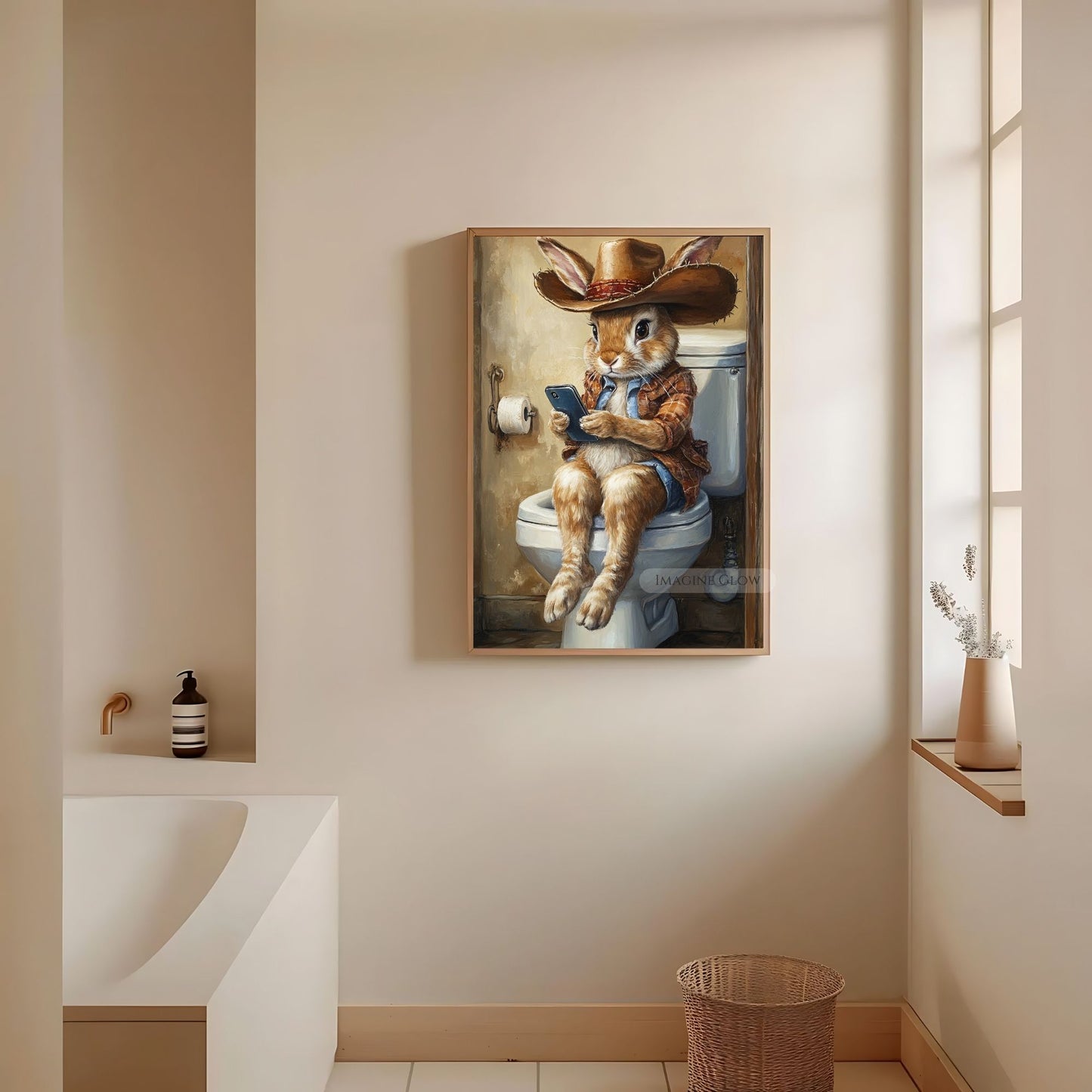 Whimsical rabbit wall art nursery and bathroom decor.