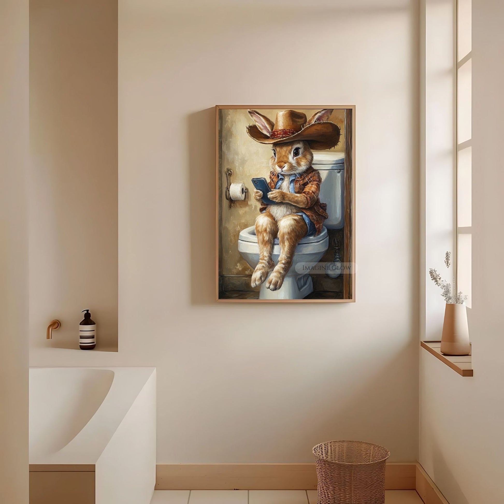 Whimsical rabbit wall art nursery and bathroom decor.