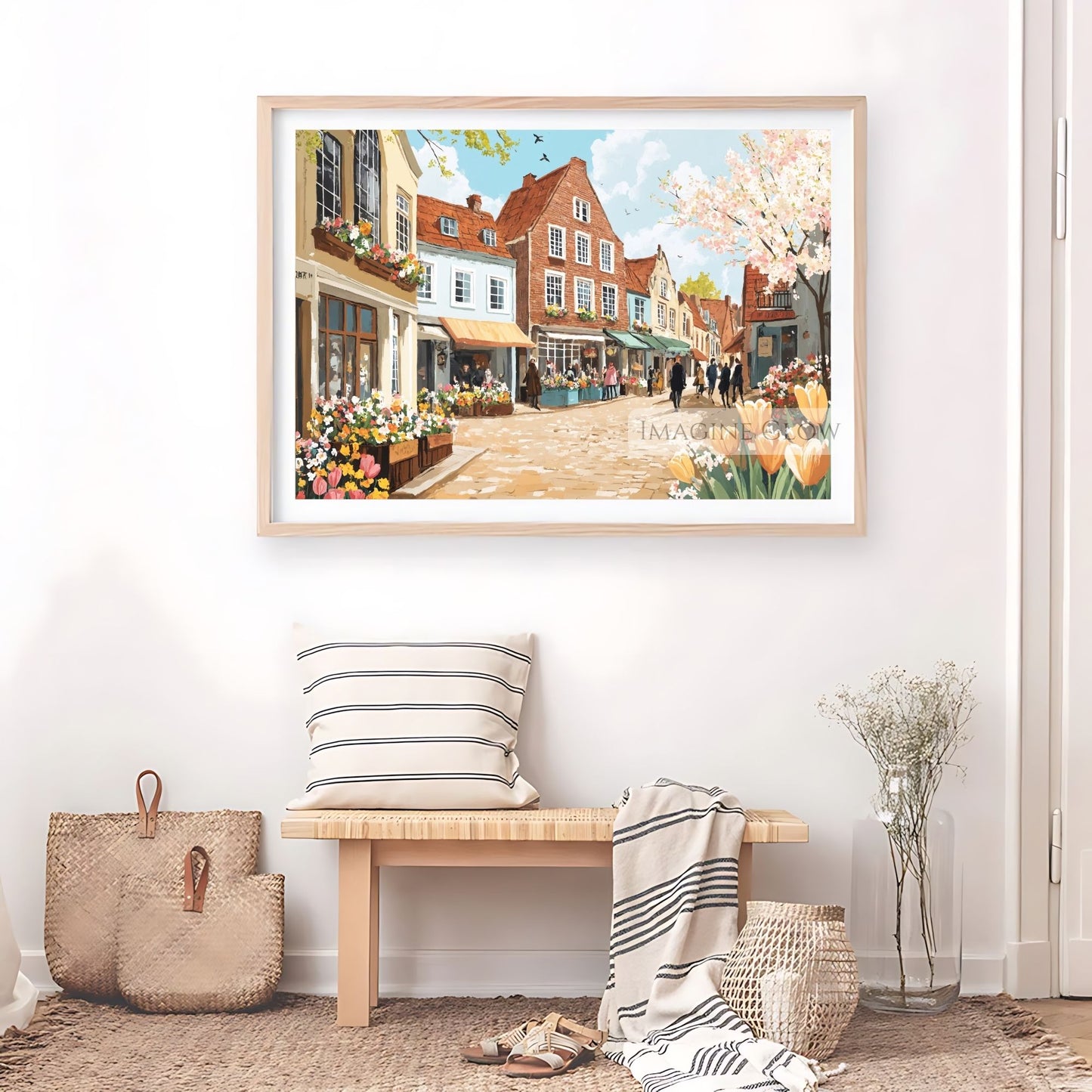 Blooming tulips and cherry blossoms in a charming spring town.