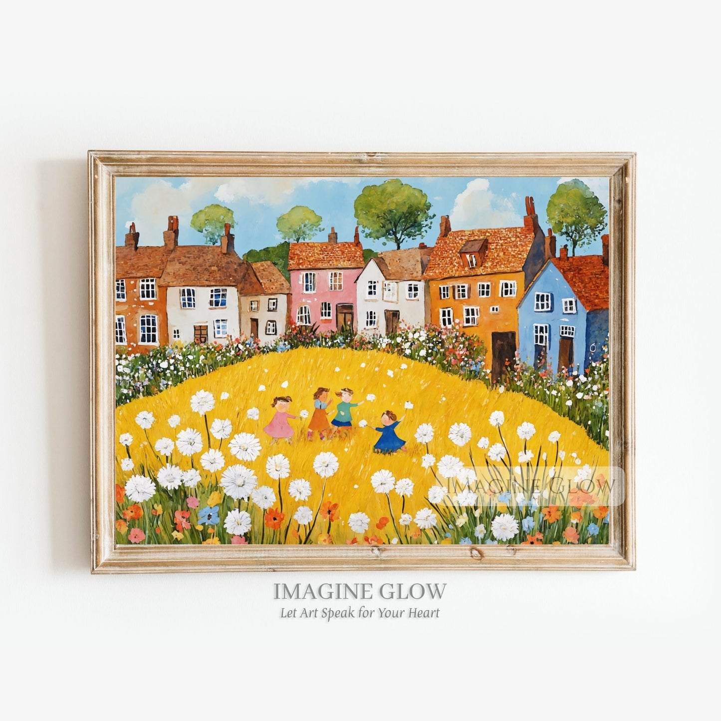 Spring folk art featuring whimsical dandelions in a rustic style