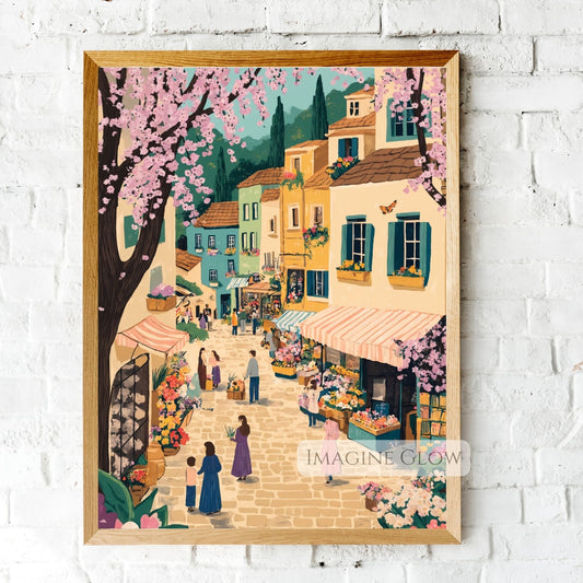 Hand-drawn spring town with a tulip flower market and cobblestone streets.