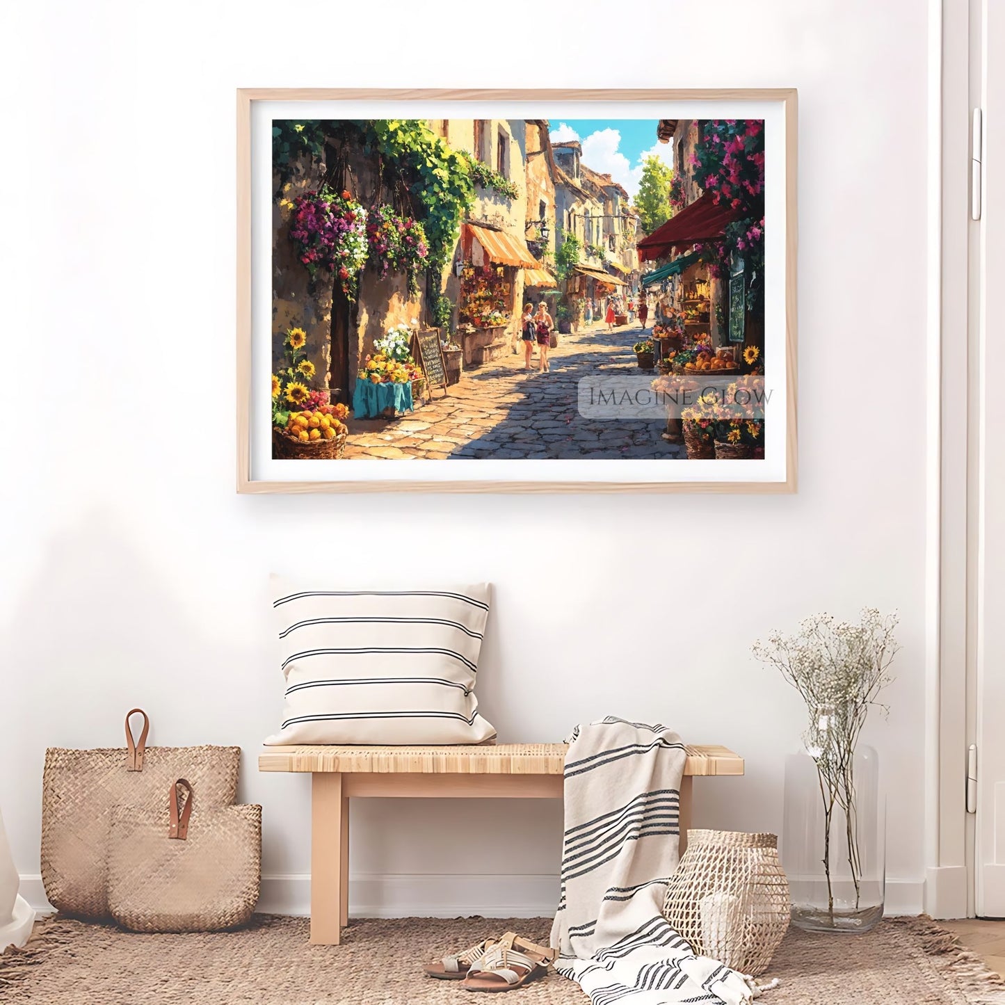 Artistic summer town illustration with colorful blooms and lively streets.